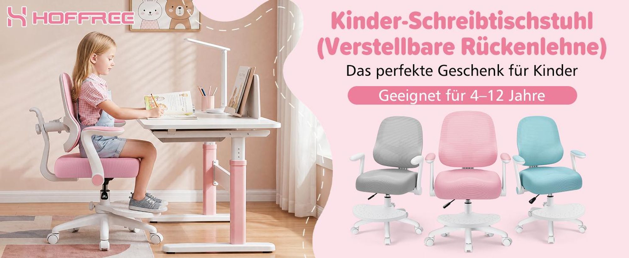 HOFFREE Ergonomischer Schreibtischstuhl für Kinder - mit verstellbarer Rückenlehne, sattelförmigem Sitzpolster, um 90° hochklappbaren Armlehnen, Pink