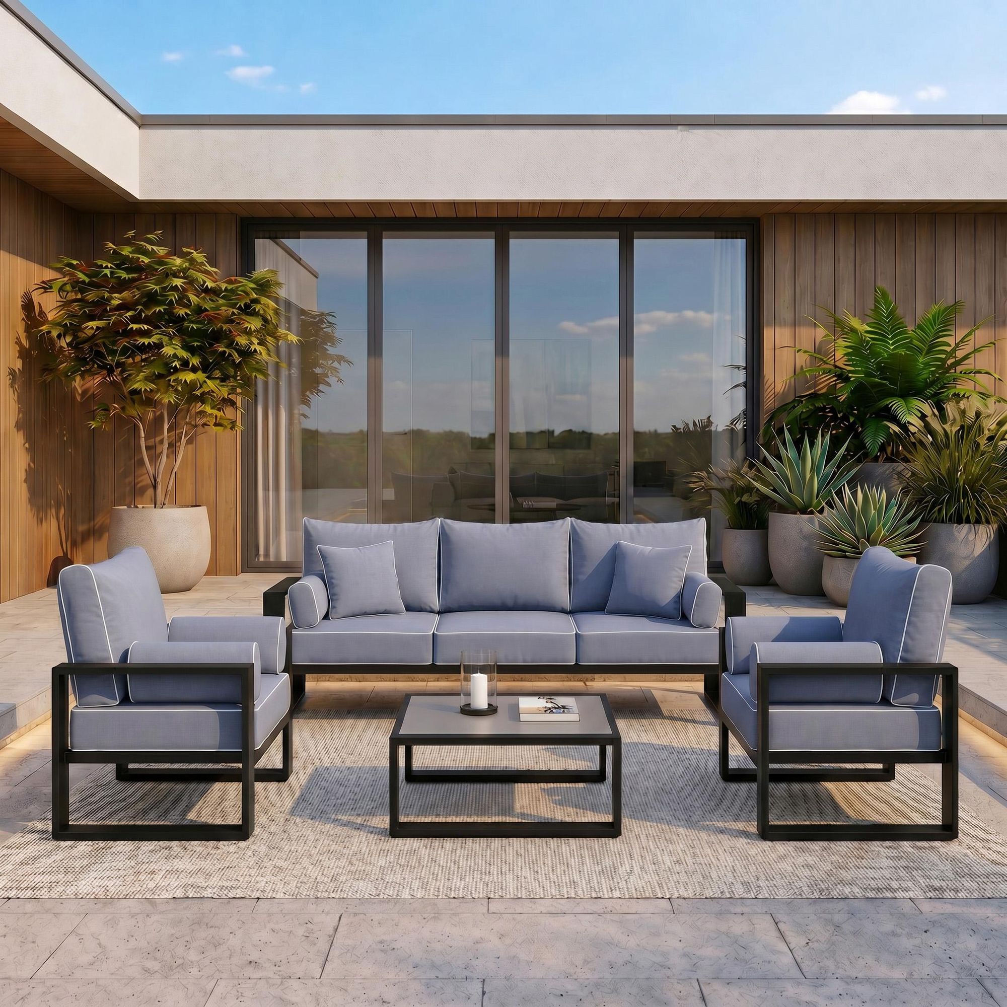 BEAUTYSOFA | VERDINO Gartenmöbel Set Blaugrau – 3-Sitzer Sofa + 2 Sessel, Garten Lounge Set wetterfest, Metallrahmen, SIMAX 42