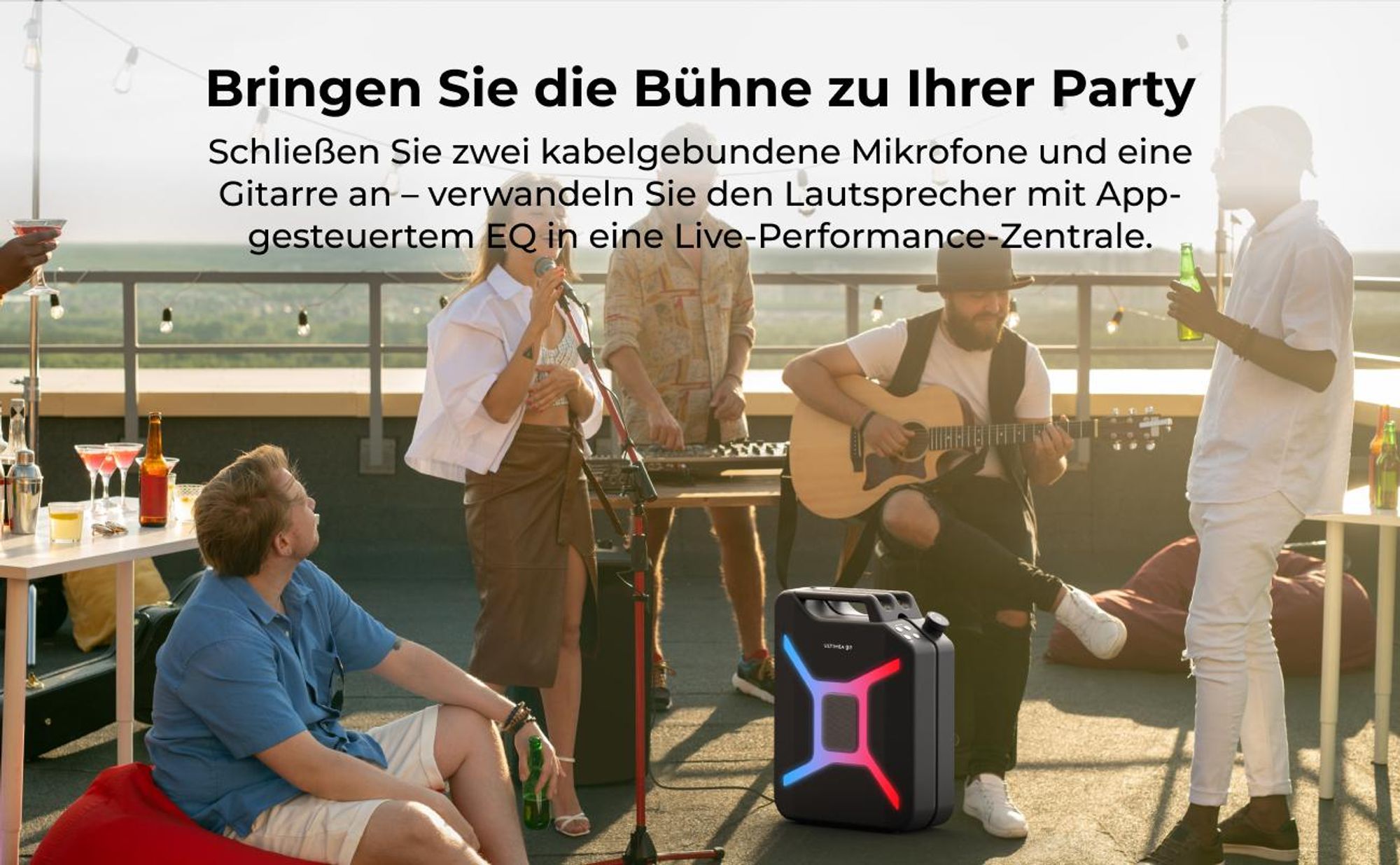 ULTIMEA Go tragbarer Party-Lautsprecher, 300 W Bluetooth PartyBox mit Bass-Boost, RGB-Beleuchtung, Mikrofon-/Gitarreneingang, Party & Outdoor, Schwarz