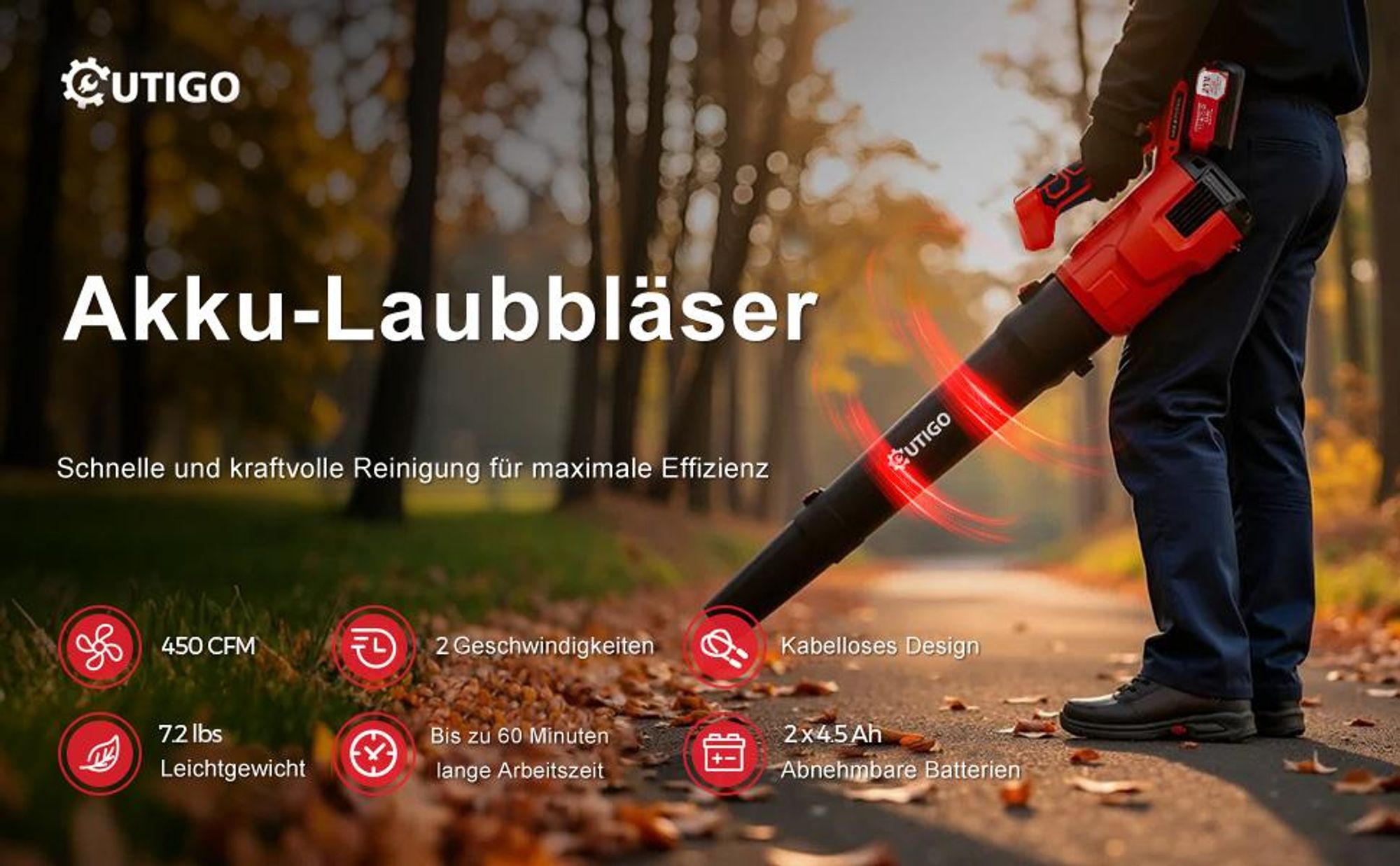 Akku-Laubbläser 001 (2*21v 4.5Ah akku, Akku und Ladegerät), für Rasenpflege, Beseitigung von Laub/Schlamm/Schnee/Autostaub