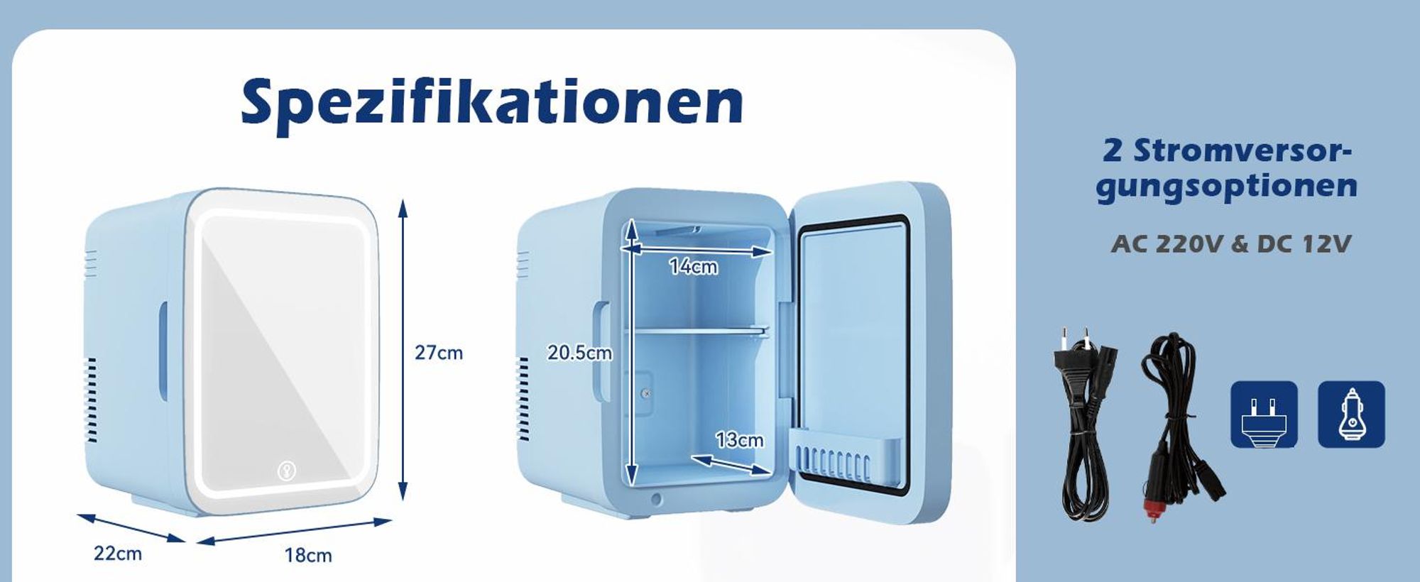 Puluomis Mini Kühlschrank 4L mit LED Spiegel tragbar für Kosmetik, Kühlbox Warmbox blau