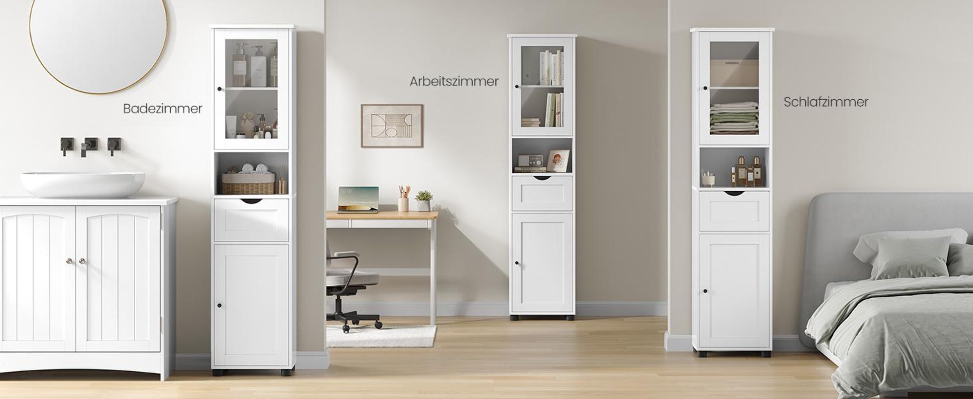 VASAGLE Badezimmerschrank, Badschrank, Hochschrank, Glastür, Badezimmermöbel