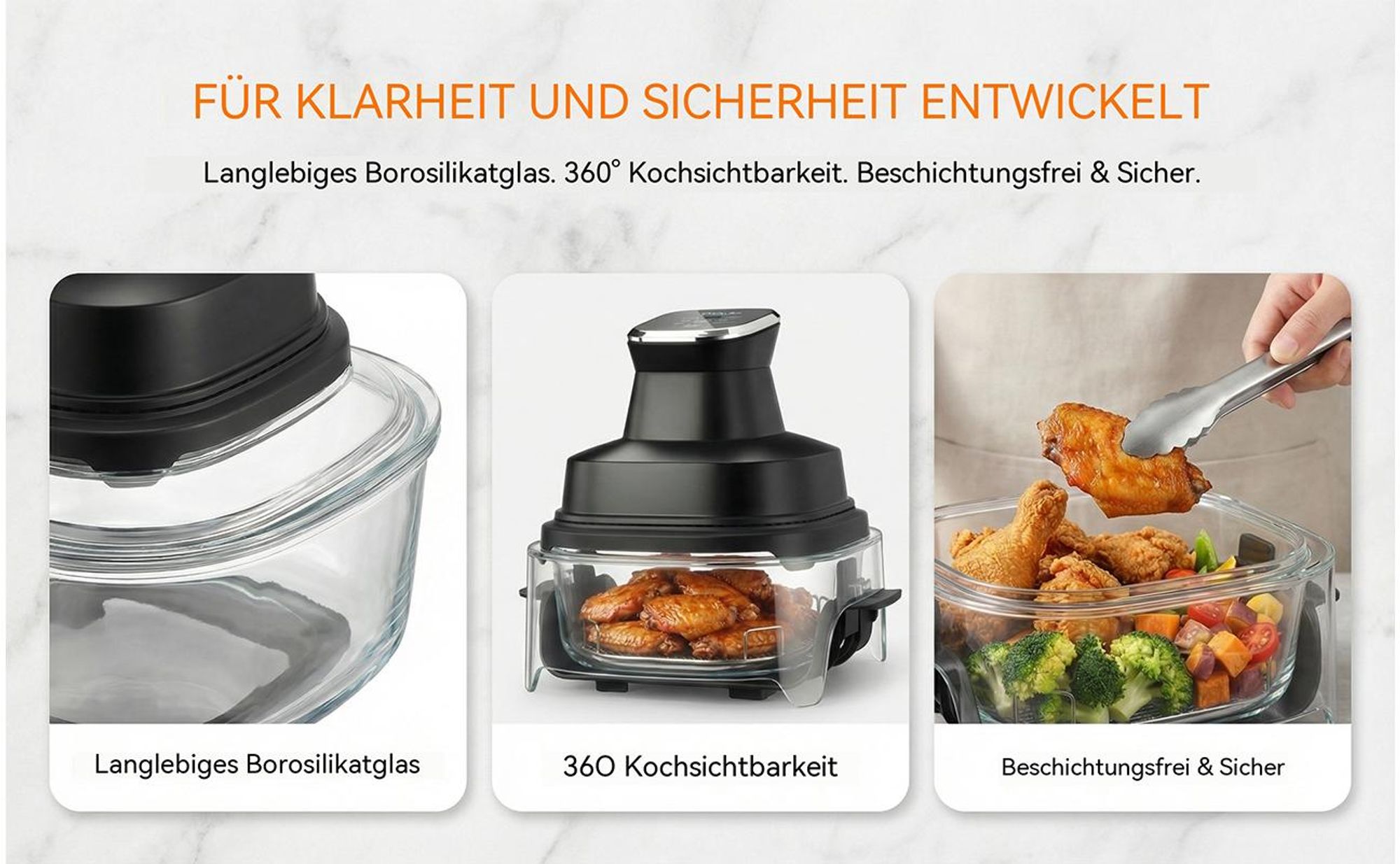 Tragbare Air Fryer Heißluftfritteuse, 4 l+4 l, 4-in-1: Heißluftfrittieren, Braten, Warmhalten, Recrisp, 2 Herausnehmbare Glasbehälter & Deckel, 1800W