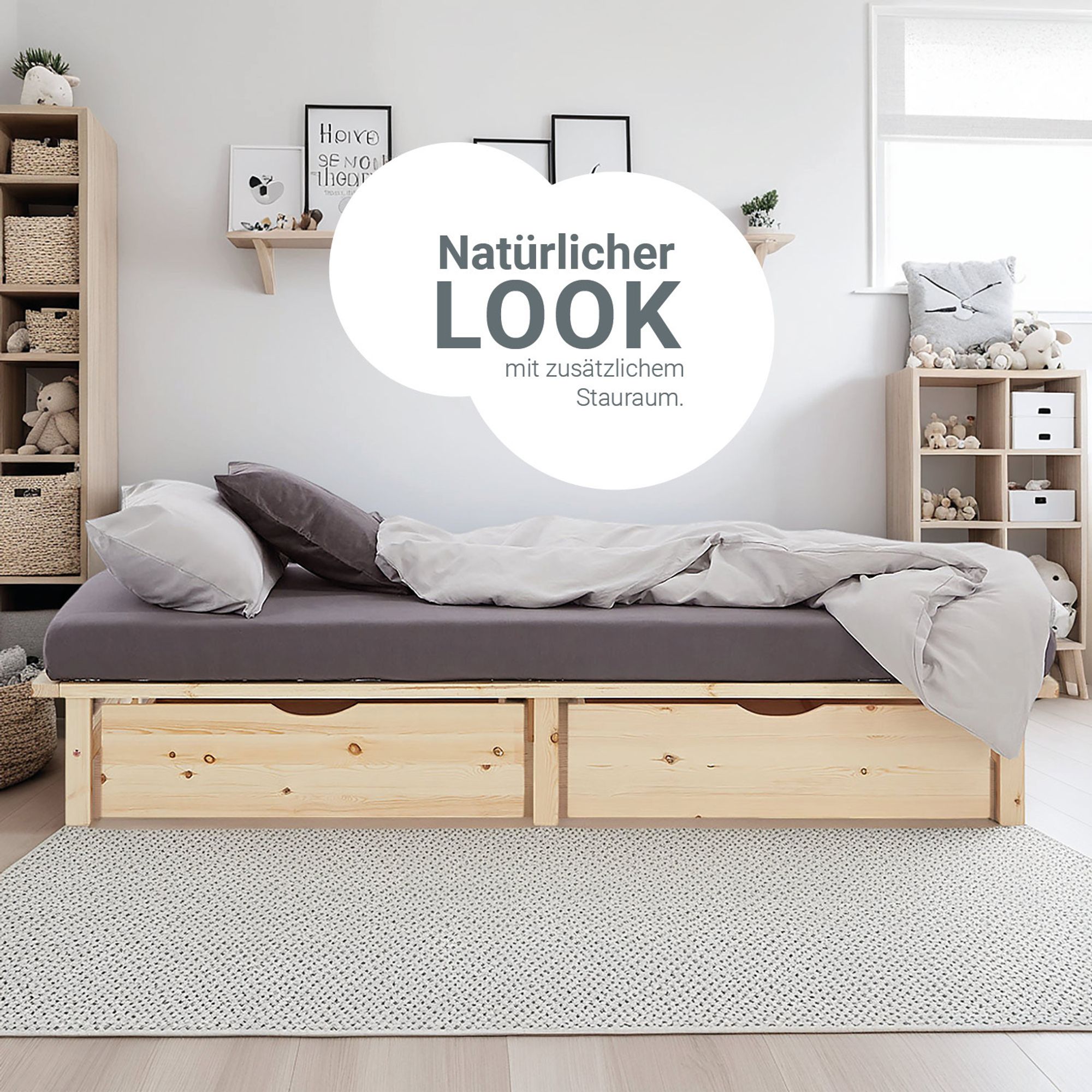natürlicher Look des Bettes, Bett mit 2 Bettkästen