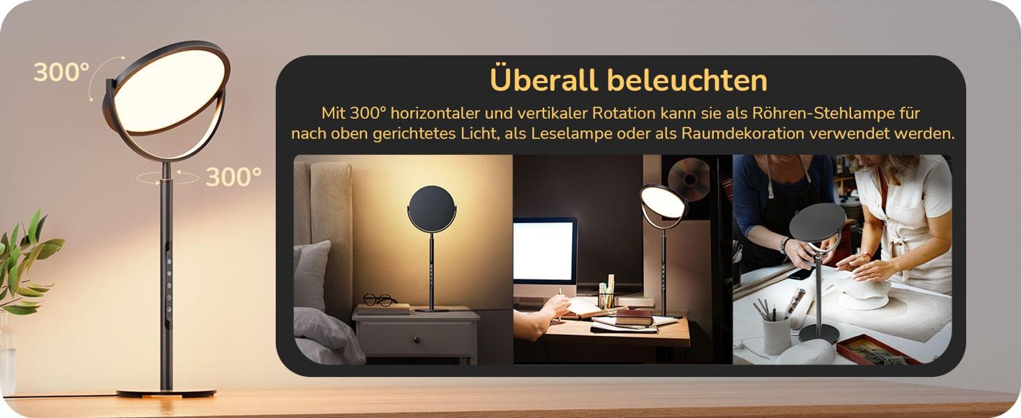 EDISHINE LED Nachttischlampe Touch dimmbar, 300° drehbares LED-Panel,Tischlampe mit Timer