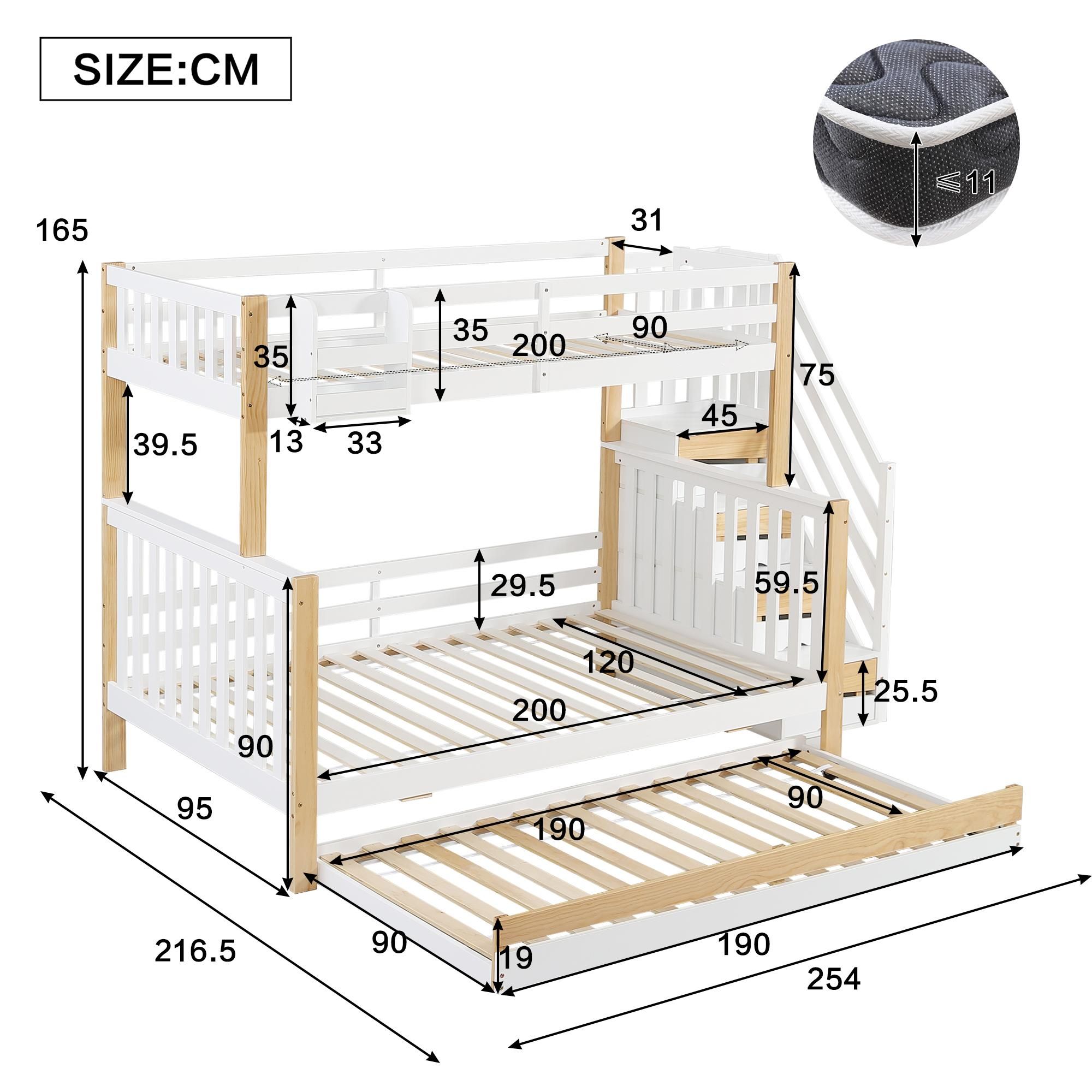 Flieks Etagenbett 90x200/120x200cm mit Ausziehbett, Hochbett mit Treppe und Schubladen, Kinderbett mit Rausfallschutz und Lattenrost, Stockbett Weiß