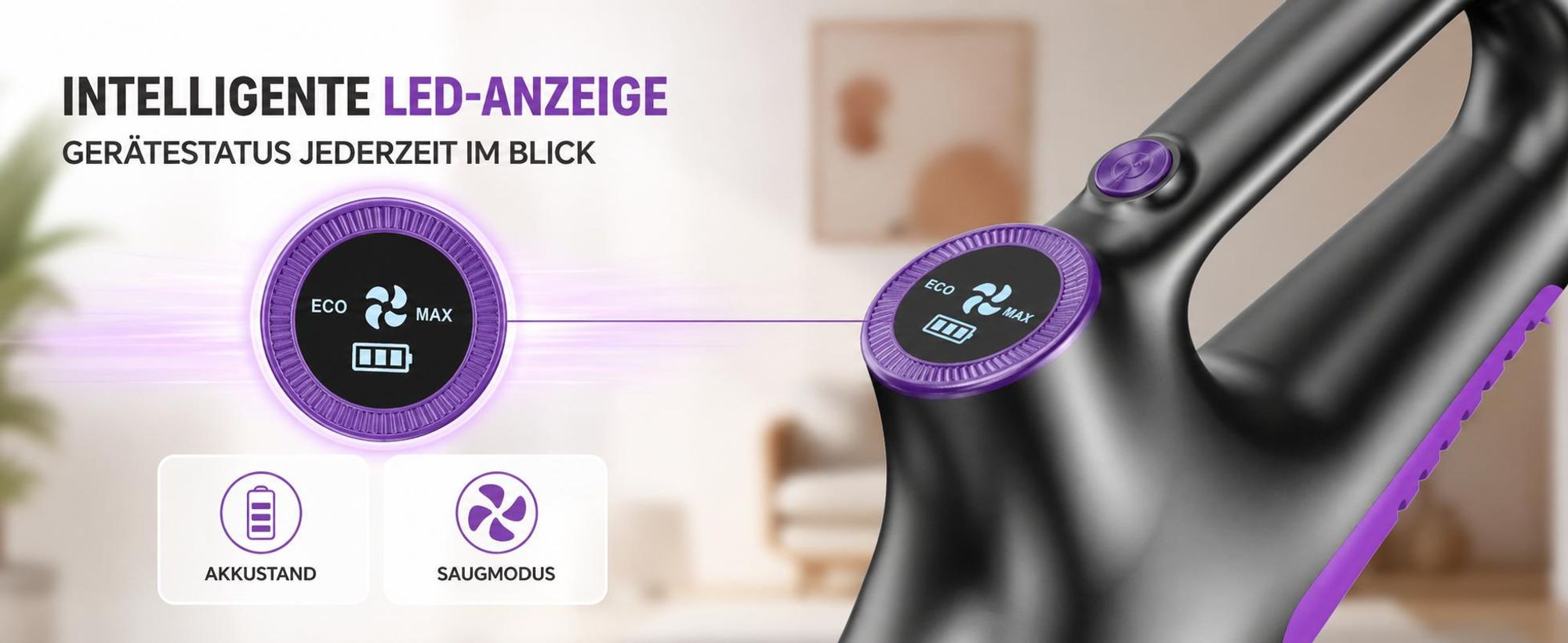 4-in-1 Akku-Staubsauger, 15.000 Pa, kabelloser Hand- und Stielstaubsauger mit LED-Anzeige & HEPA-Filter, für Hartboden, Teppich und Tierhaare, Lila