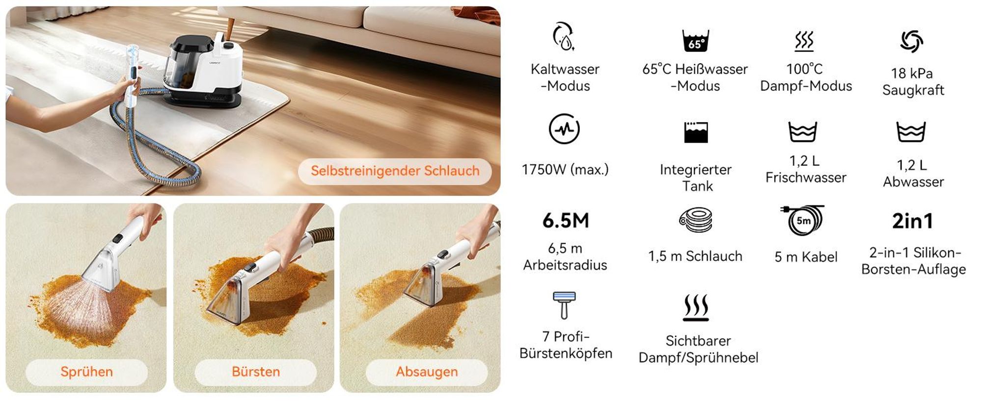 Uwant Y100 Steam Polsterreiniger Gerät, 3-in-1 Dampfreiniger für Sofa, Teppich und Auto mit 18KPA, 1750W Heißdampf, 65°C Heißwasser,Kaltwasser