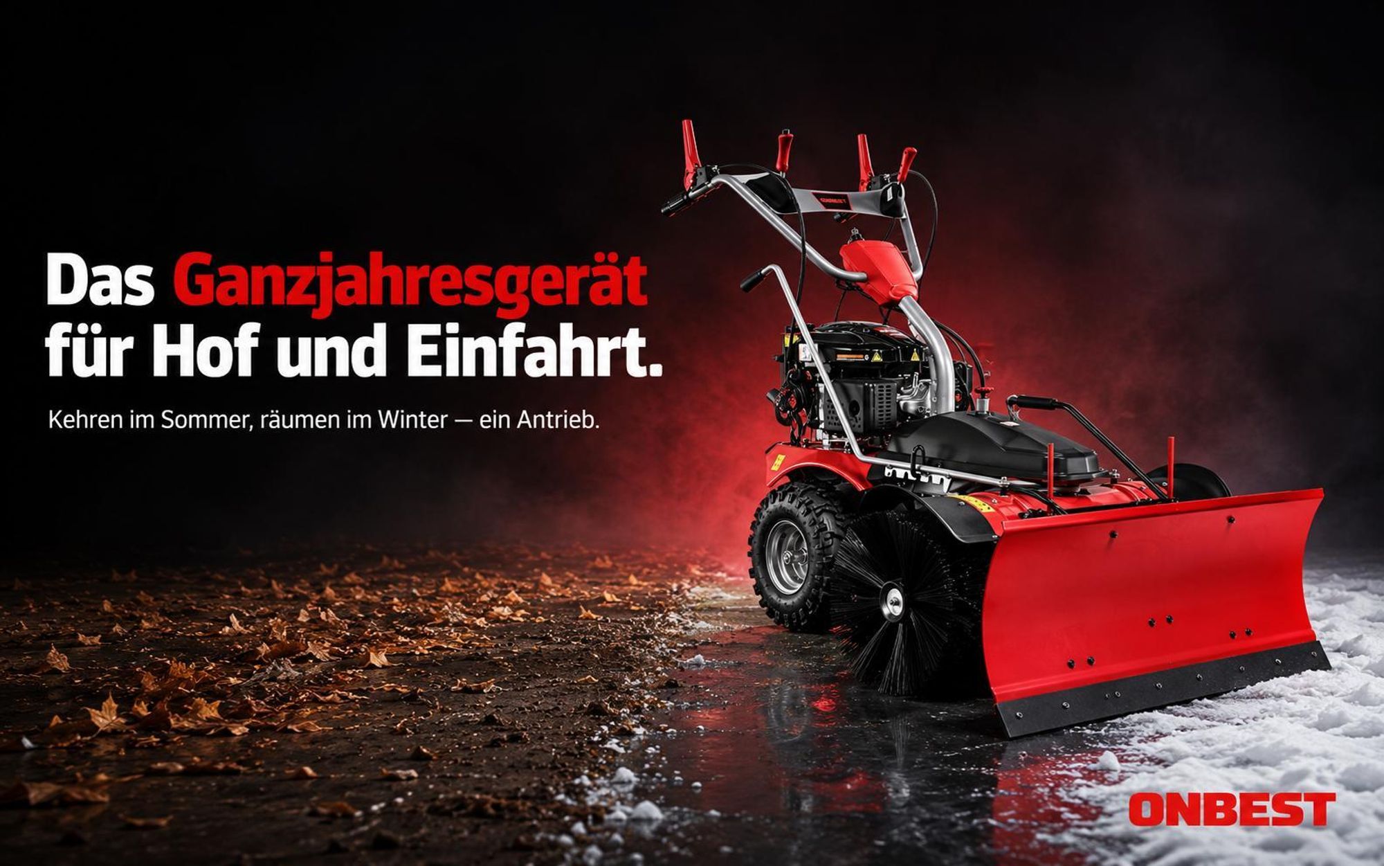 ONBEST Kehrmaschine Benzin | 100 cm Arbeitsbreite | 6,5 PS | mit Schneeschild | Auffangbox | Schneeketten