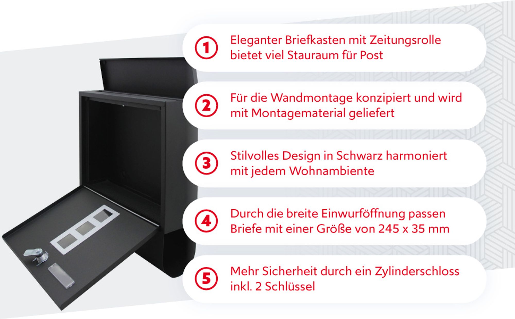 Wiltec Briefkasten V10 Edelstahl 260 x 90 x 350 mm, Wandbriefkasten mit Schloss und Namensschild, Postkasten aus Stahl