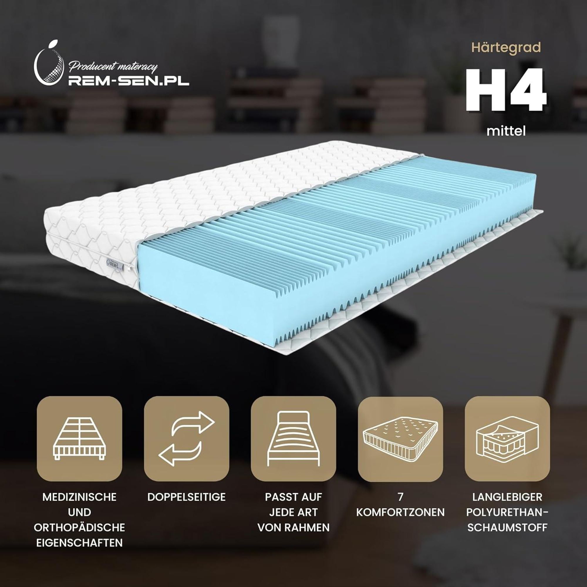 Matratze 130x200cm Höhe 15 cm Härtegrad 4 (H4) 7 Komfortzonen aus elastischem Polyurethanschaum mit Komfortschaum und Dreilagige Membranhülle, Antiallergisch,   Qualitätsstandard