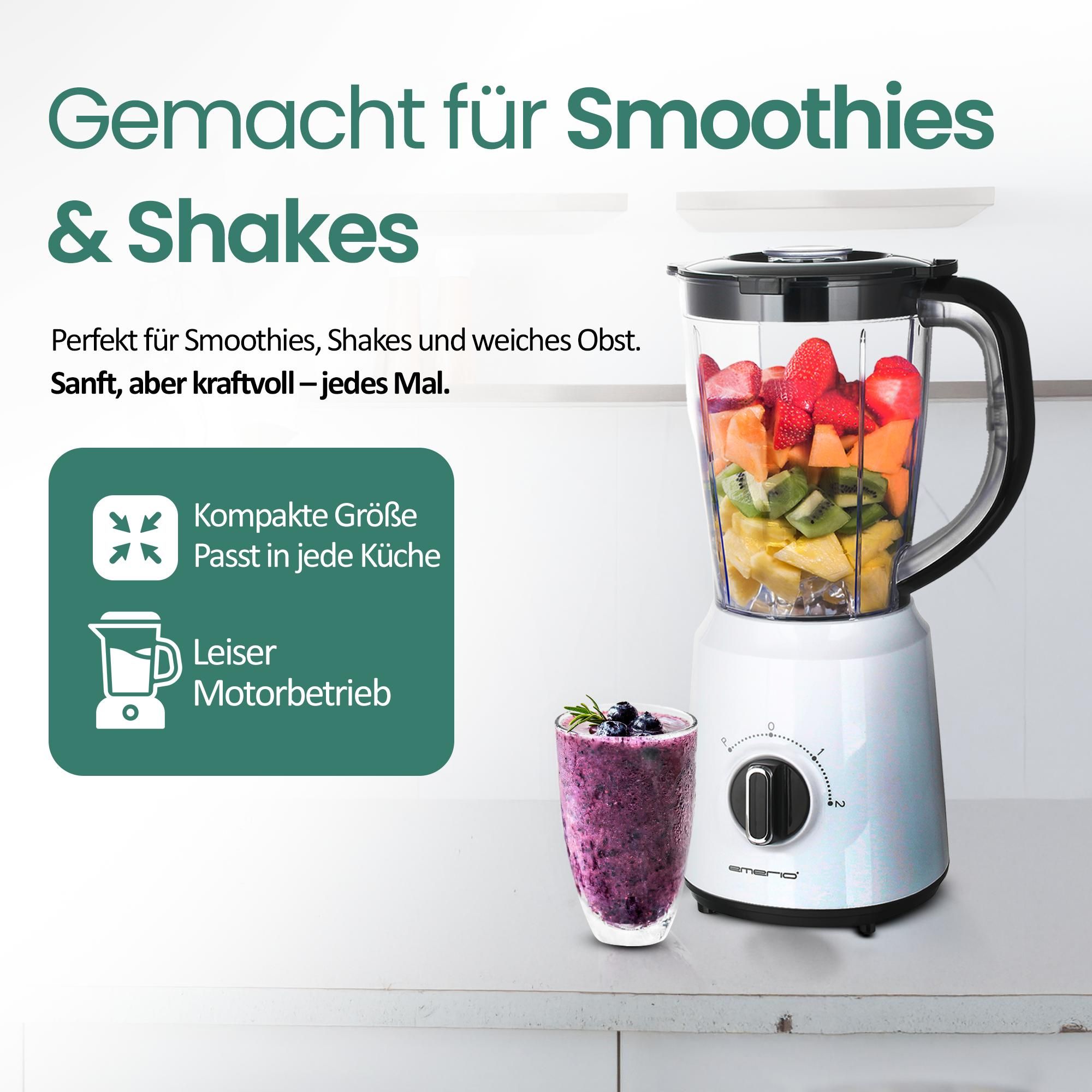 Emerio Blender 1,5 L – Smoothie-Maker mit 2 Geschwindigkeitsstufen – Edelstahlmesser & spülmaschinengeeignet – 500 W – Blender-to-Go BL-124816.7