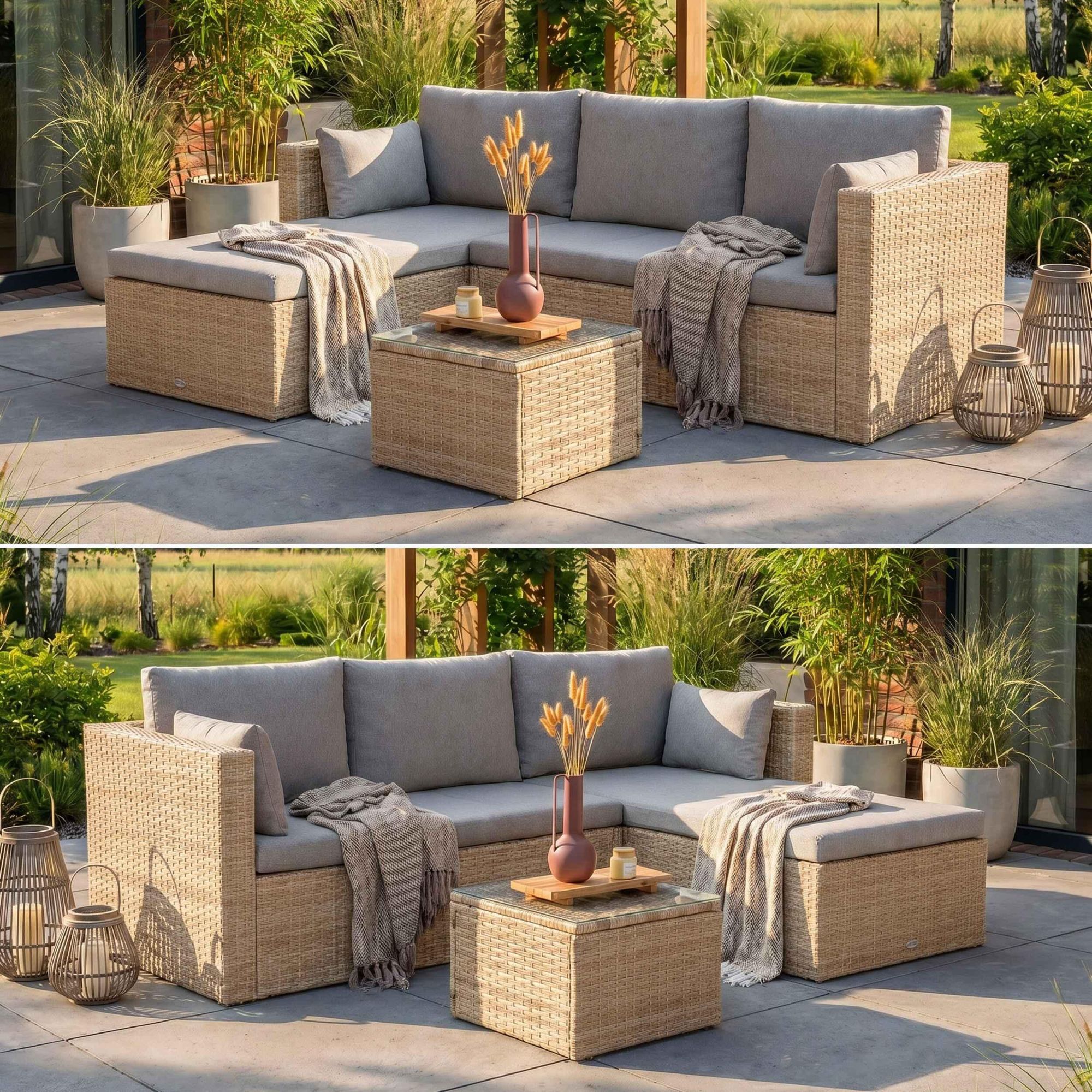 BEAUTYSOFA | SEVILLA Polyrattan Gartenlounge Beige – Gartenmöbel Set, Ecksofa, Ecklounge mit Couchtisch, Outdoor Sofa, Loungegruppe für 4 Personen