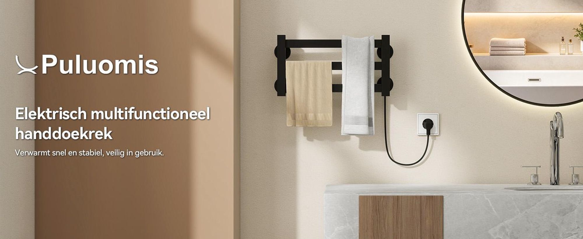 Puluomis Elektrische handdoekwarmer met één drukknopbediening, constante temperatuur van 55°C, IPX4 waterdicht, badradiator 40x21.6cm, zwart