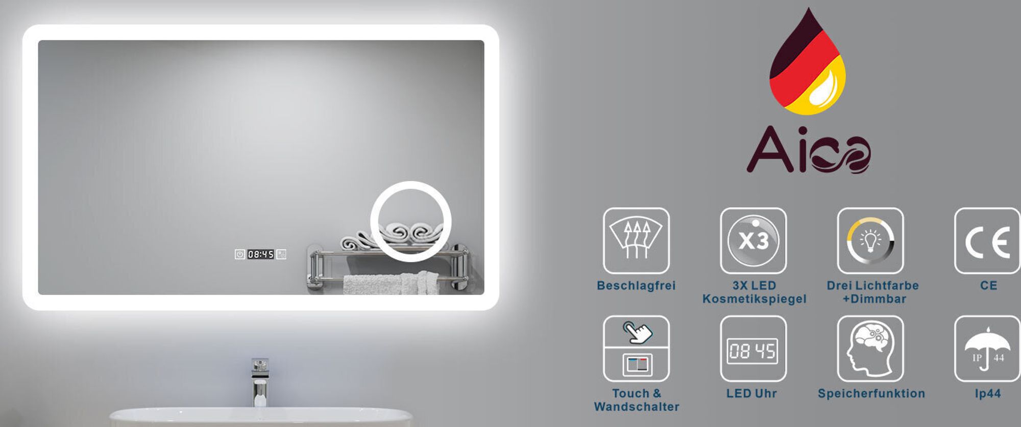 AICA LED Badspiegel mit Uhr 80×60cm Touch/Wandschalter Beschlagfrei Badezimmerspiegel 3 Lichtfarbe  dimmbar 3-Fach Vergrößerung Schminkspiegel Kalt/Neutral/Warmweiß IP44