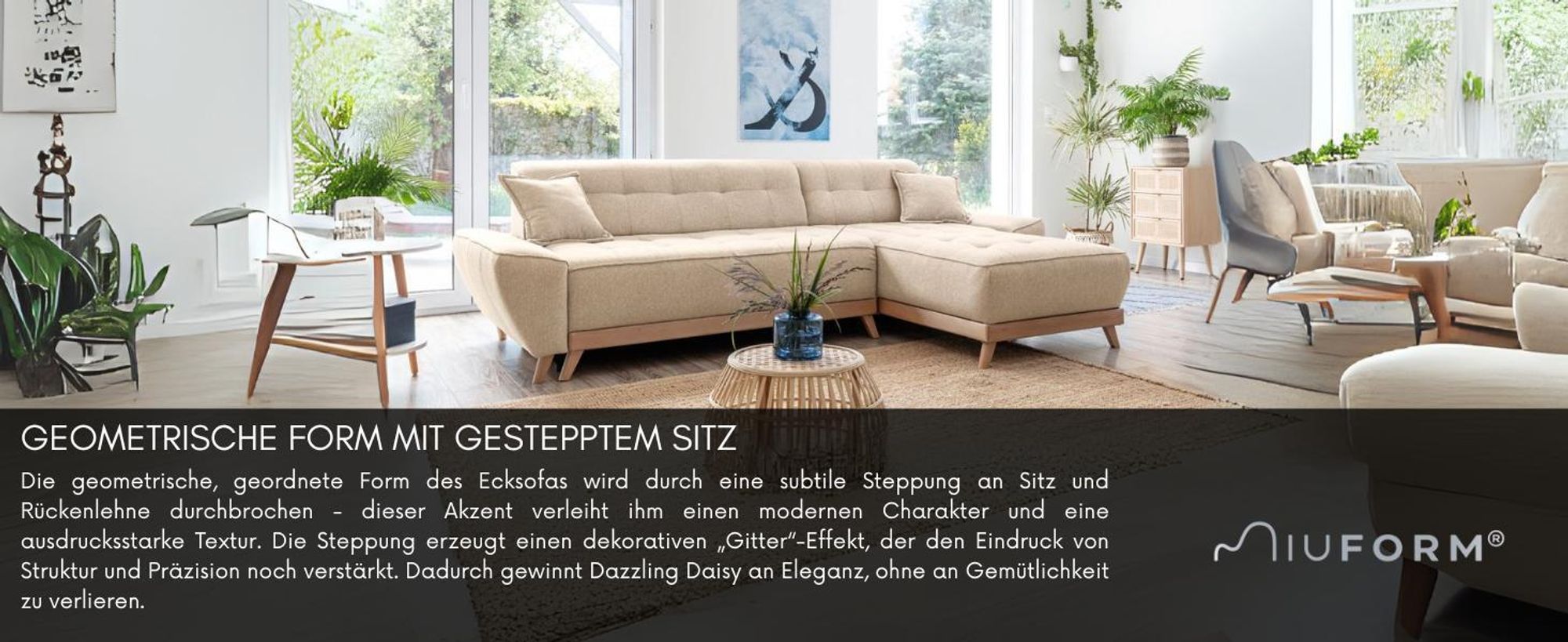 MIUFORM Dazzling Daisy - Ecksofa mit Bettfunktion und Bettkasten Sofa mit seitenverkehrt montierbarer Chaiselongue - 260x164cm - Türkis - Sofa Schlafsofa Couch