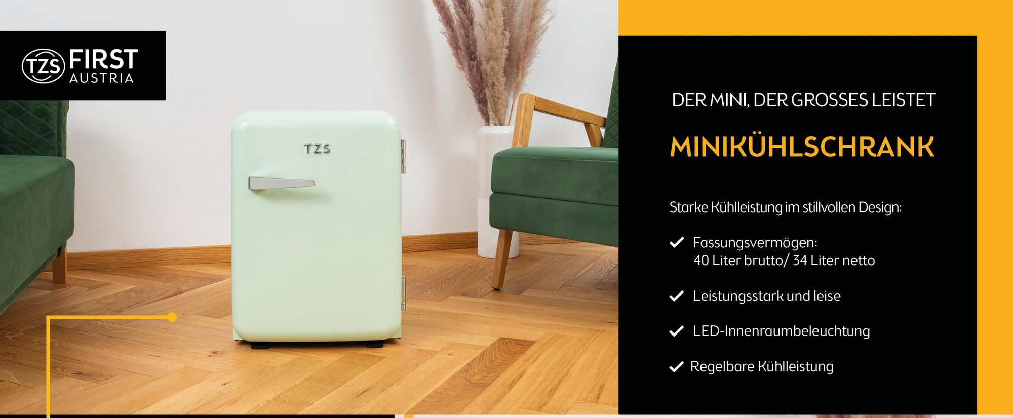 TZS First Austria - Retro Mini Kühlschrank 40L lautlos - Minibar im Vintage-Design mit Innenbeleuchtung & 2 Türfächern - Mint