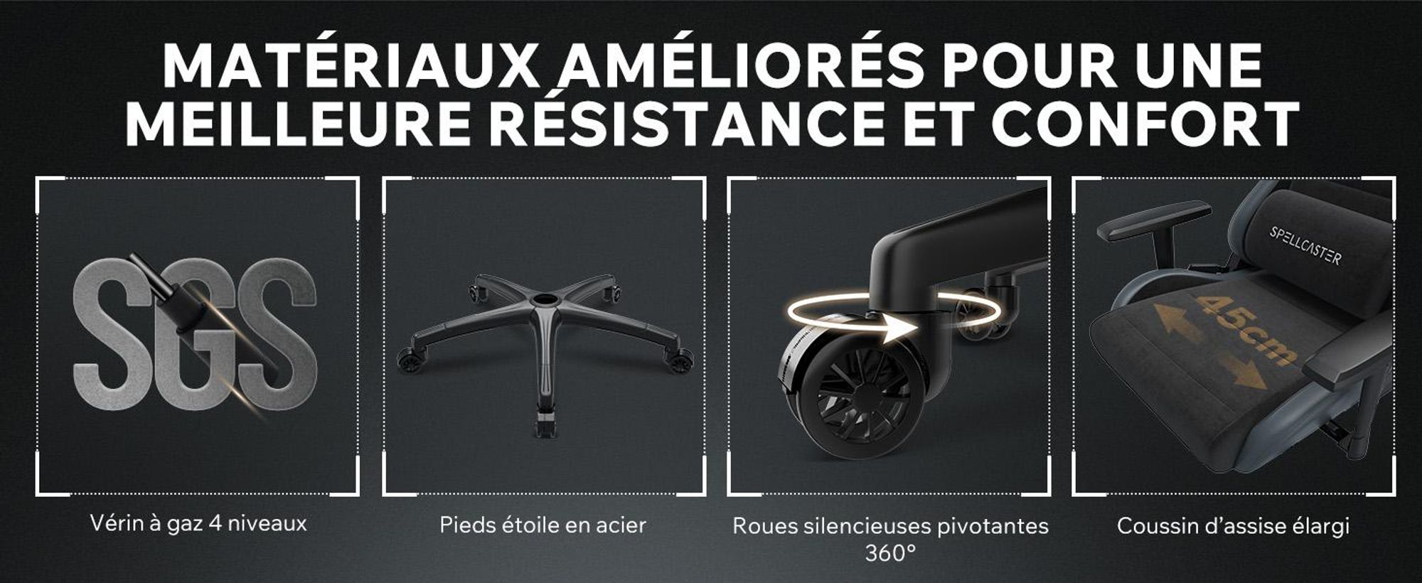 Fauteuil gaming SENSE7 Spellcaster FUKU XL en Alcantara noir - Fauteuil de bureau ergonomique pour personnes de grande taille, supportant jusqu'à 160 kg, rembourrage en mousse à froid, assise large