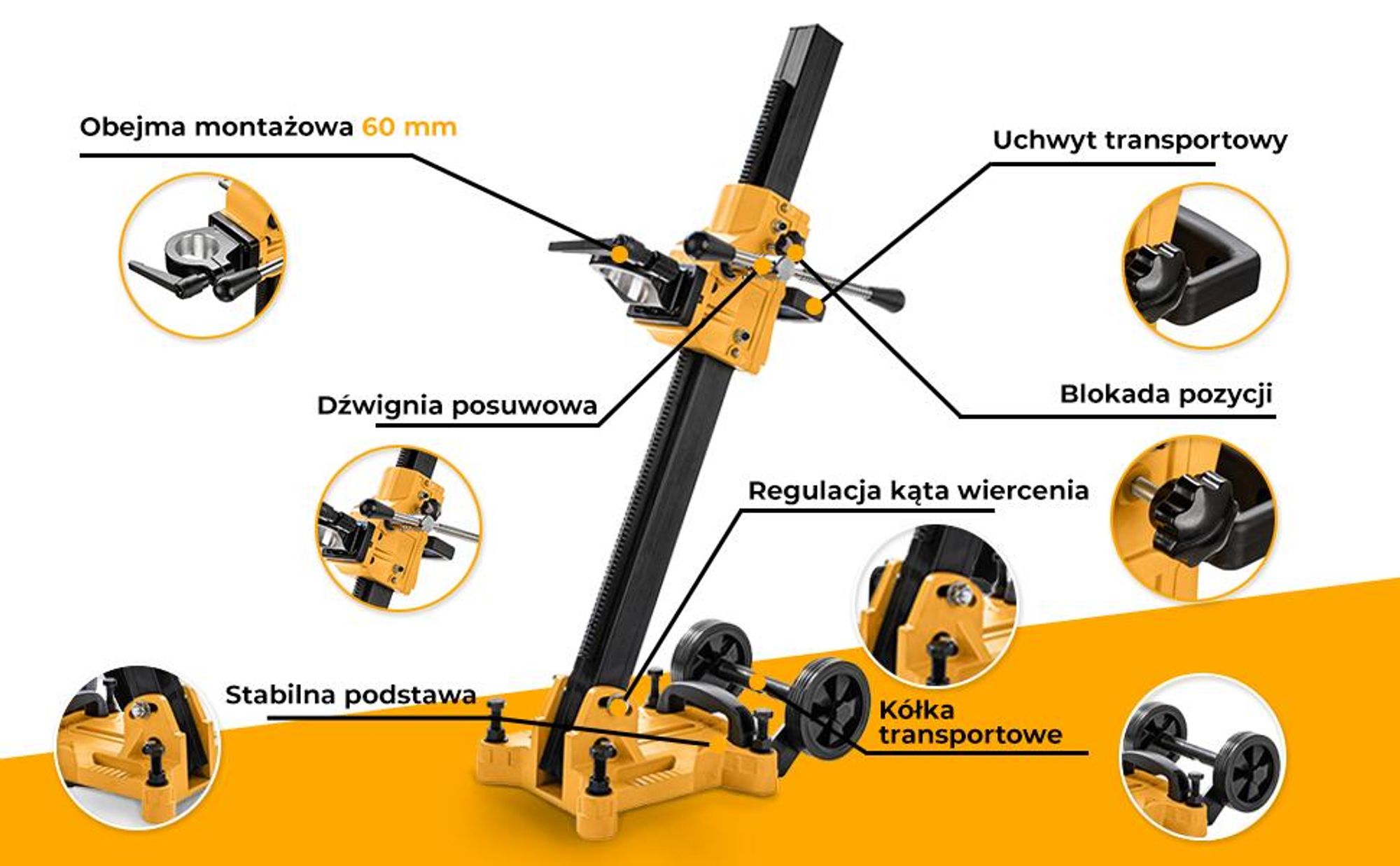 Statyw do wiertnicy WABROTECH pochyły regulowany WT45S Obejma 60mm