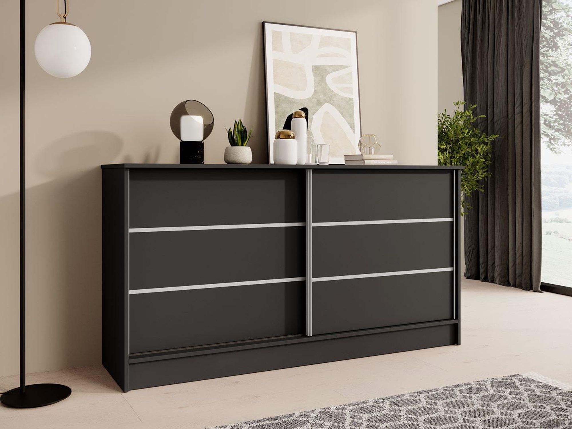 BEAUTYSOFA Kommode MIRELA 160 cm Schwarz, Sideboard mit 2 Schiebetüren, Highboard  mit dekorativen Zierleisten, Moderne Anrichte, Viel Stauraum