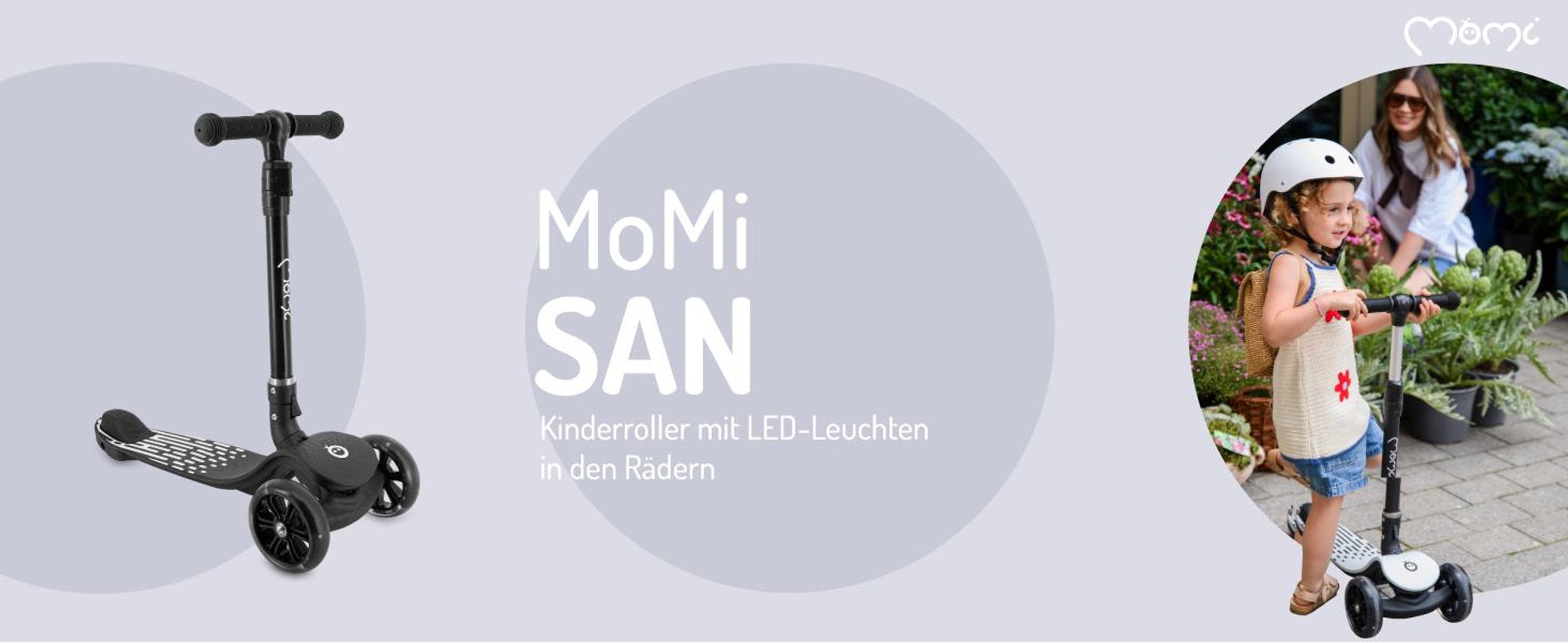 MoMi SAN 2-in-1 3-Rad-Kinderroller – höhenverstellbarer Lenker 60/66/72 cm, klappbar, LED-Räder, ABEC-7, Trittbremse, 2,7 kg
