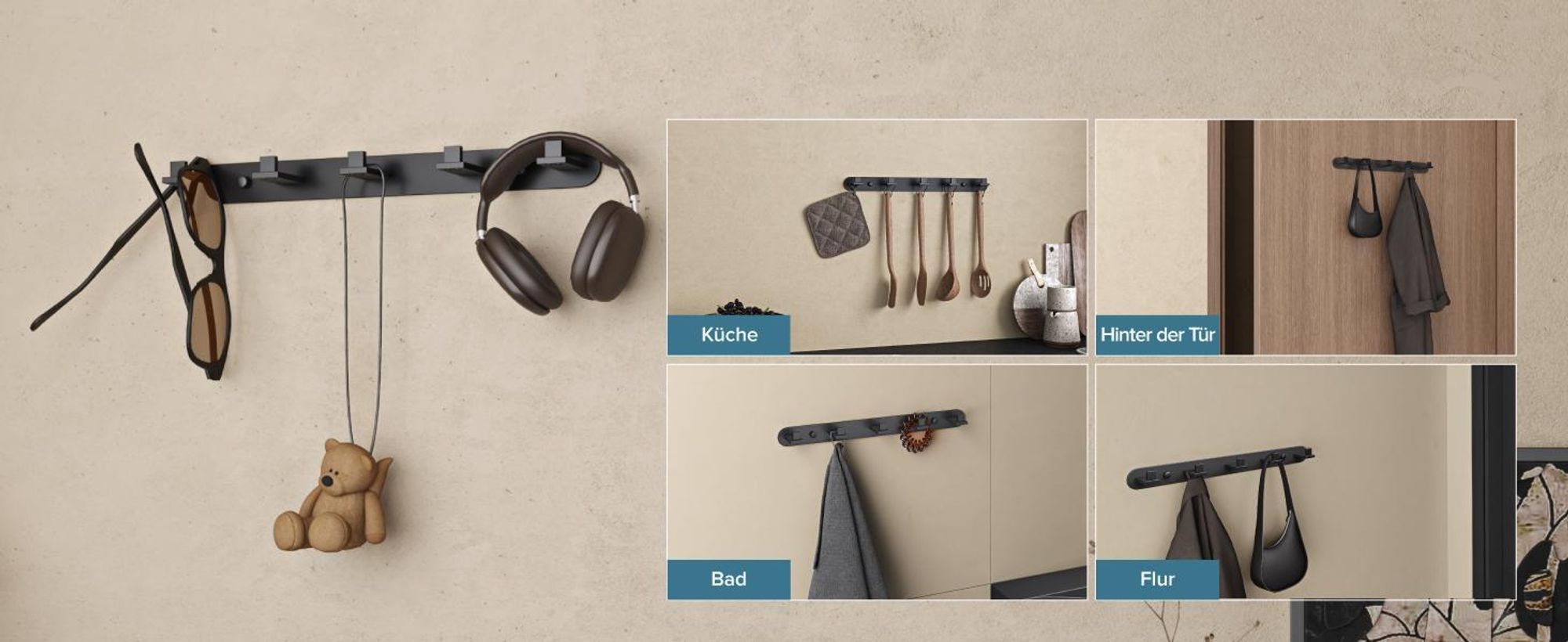 doporro Garderobenhaken Edelstahl, Kleiderhaken Wand mit 5 Haken, selbstklebend & ohne Bohren Matt schwarz für Jacken, Handtücher Stalo-09