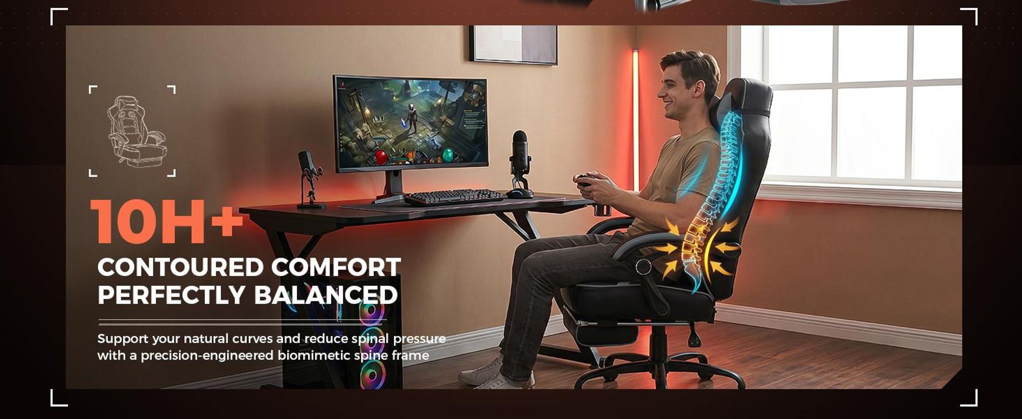 GTPLAYER Gaming stoel met voetsteun, ergonomische bureaustoel met een draagvermogen van 150 kg, gaming fauteuil met lendensteun en hoofdsteun, verstelbare computerstoel