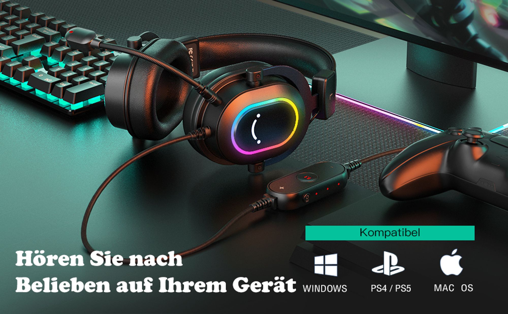 FIFINE Gaming Headset mit Mikrofon Over Ear Kopfhörer mit Kabel USB Headset