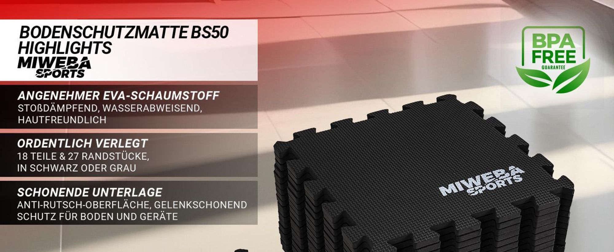 Bodenschutzmatte BS50 | Unterlegmatte für Fitnessgeräte - Fitnessmatte - Puzzlematte - Rutschfest - EVA-Schaumstoff - Set 18 Stück 34 x 34 cm(Schwarz)