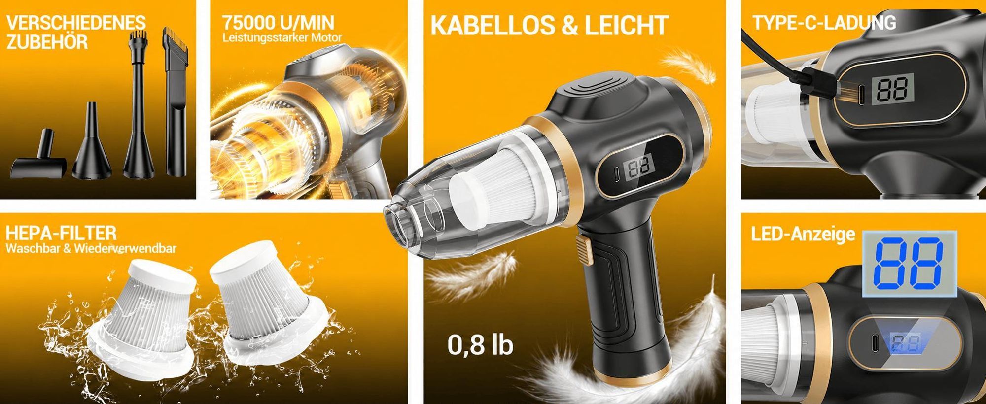 17000Pa 120W Autostaubsauge, Handstaubsauger Akku Kabelloser, Bürstenloser Motor, HEPA Filter, USB-C, Saugen & Blasen