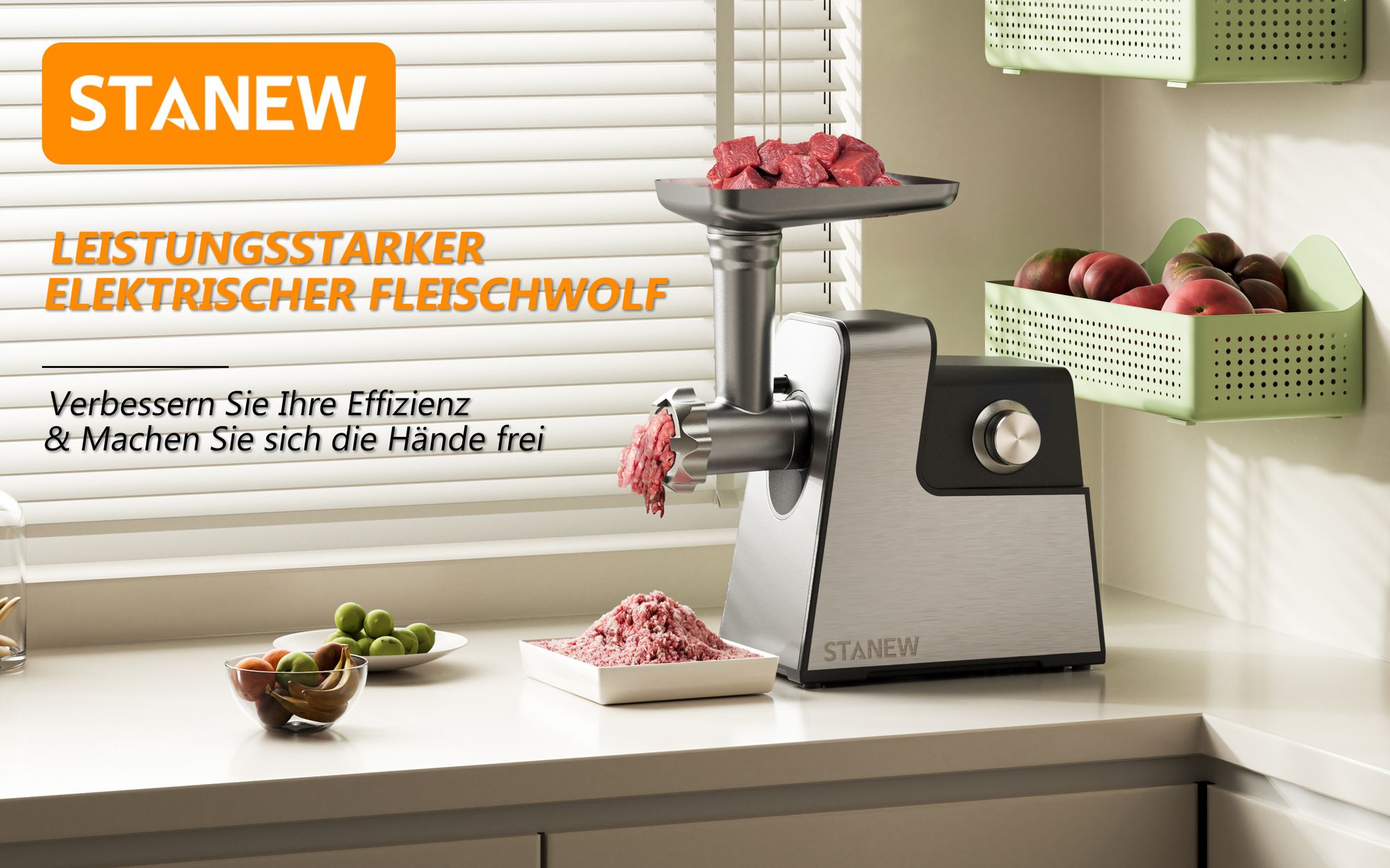 STANEW 4-in-1 Fleischwolf elektrisch 3500 W, Elektrische Wurstmühle mit 3 Edelstahl-Schleifplatten (4/8 mm, fächerförmig) und 3 Klingen