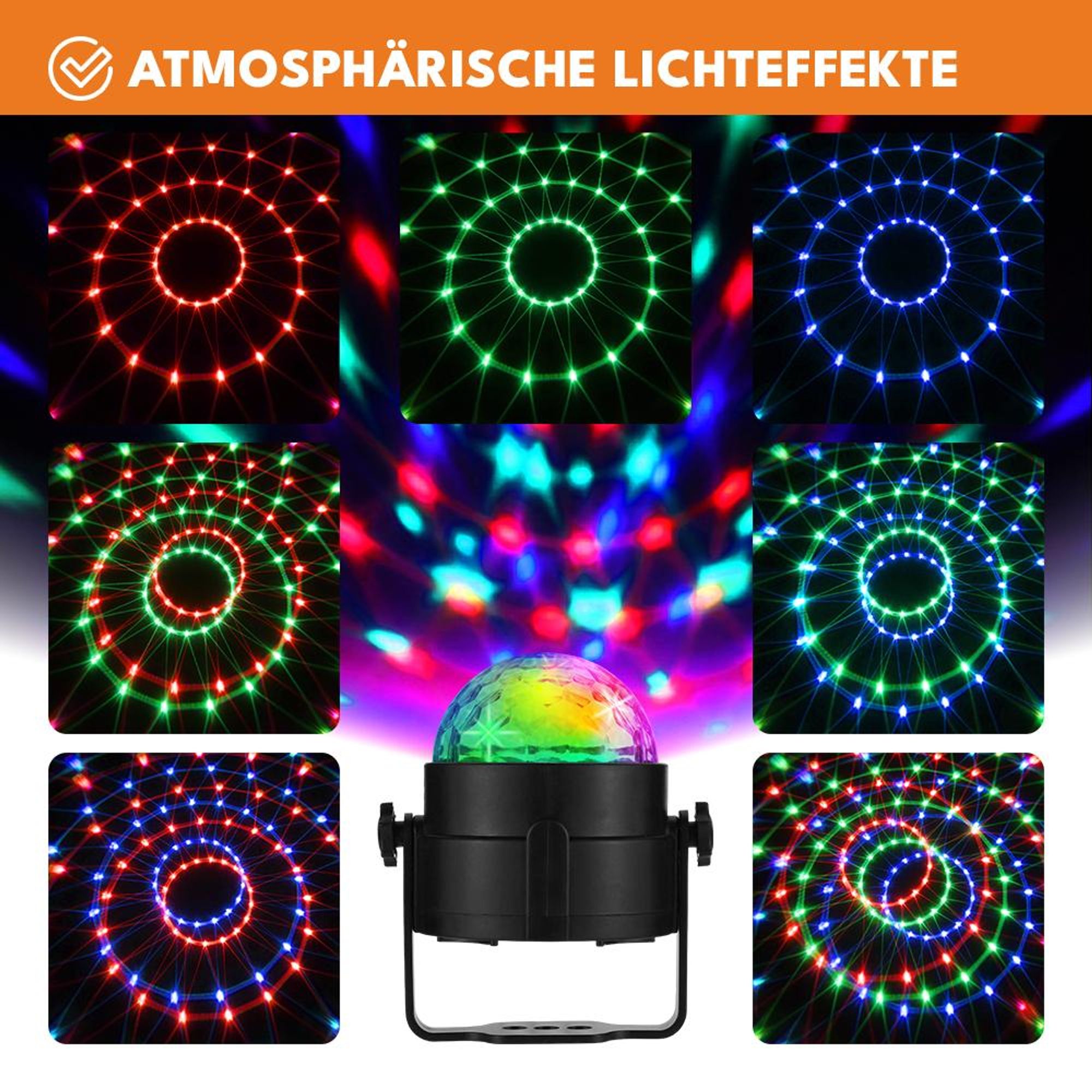 KRUMAD Discokugel Kinder, LED RGB Partylicht mit 7 Farben, Rotierende Lichteffekte für Kinderzimmer, Geburtstag, USB Steckdose, Kompakt & Dynamisch