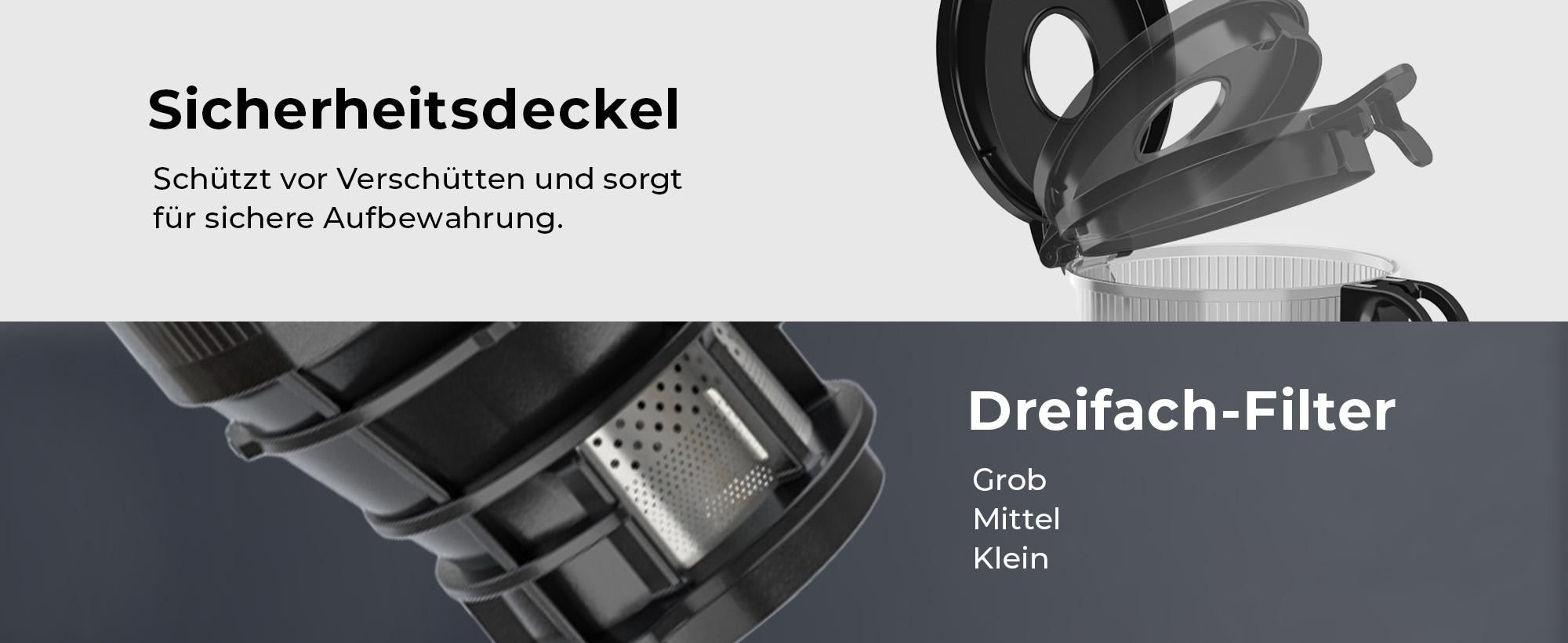 Balter Entsafter für Obst und Gemüse, 300W Saftpresse, Große 1300mm Einfüllöffnung inkl. Reinigungsbürste, Dreifach Filter, Leise, BPA-frei, Anthrazit