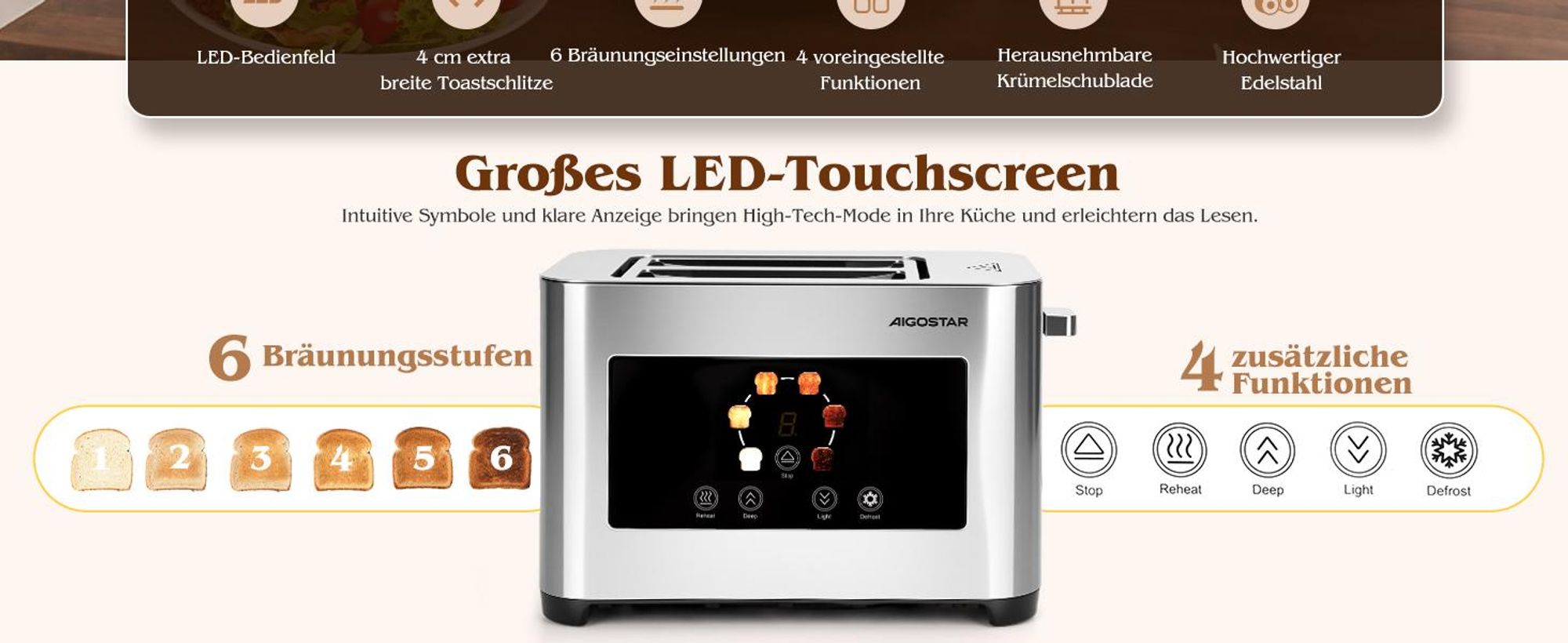 Aigostar - Toaster 2 Scheiben, 6 Bräunungsstufen, LED-Touchscreen, 4 cm extra breite Toastschlitze & Brotzentrierung, Edelstahl, 850W
