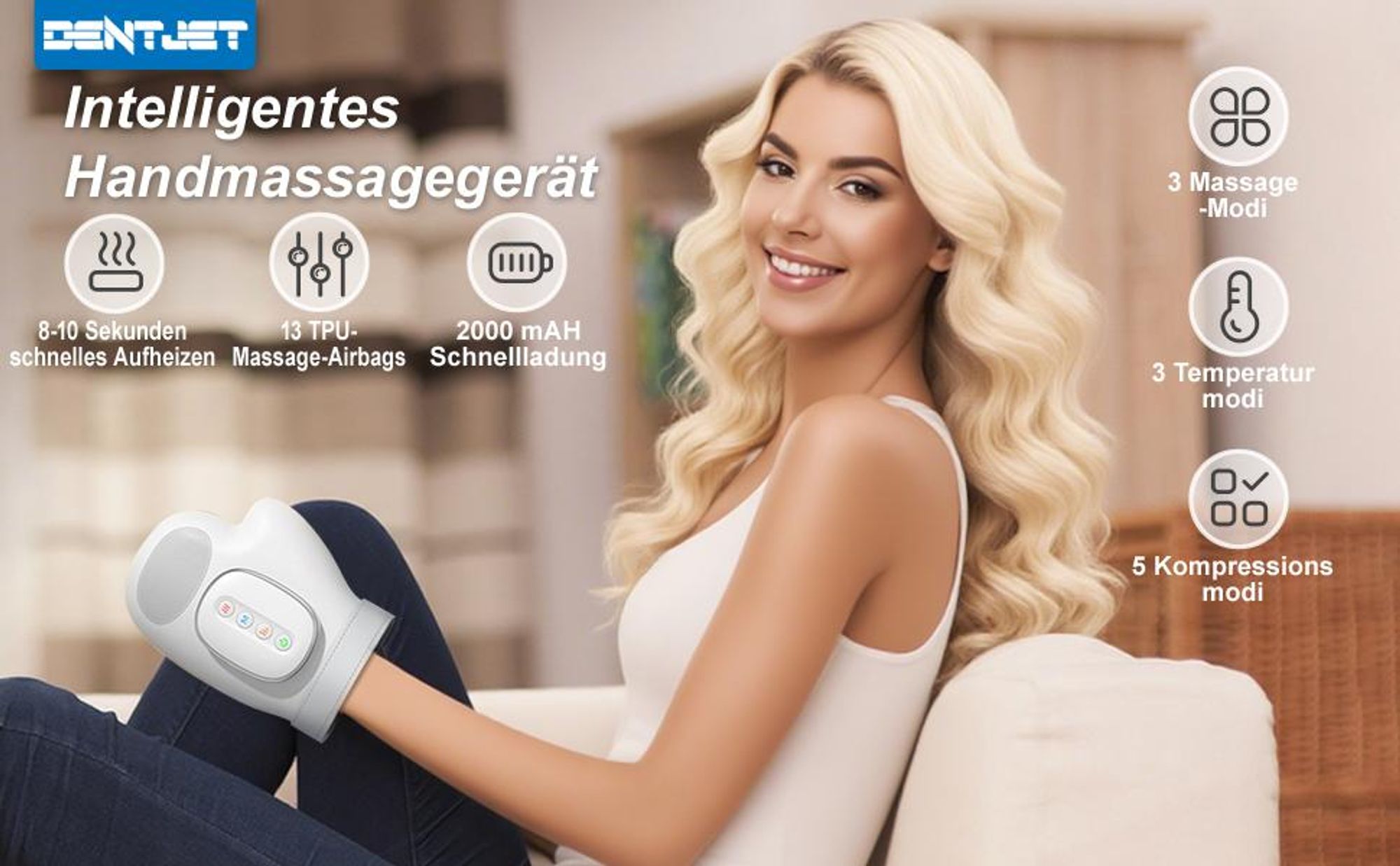 Intelligentes Handmassagegerät mit Wärme- und Kompressionsfunktion 3 Massageprogramme, 4 Temperatureinstellungen, 5 Kompressionsmuster Therapeutische