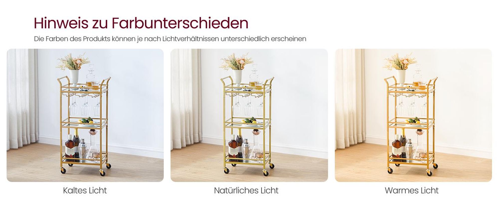 VASAGLE kleine Servierwagen, Rollwagen, verspiegelte Glasablagen, goldfarben