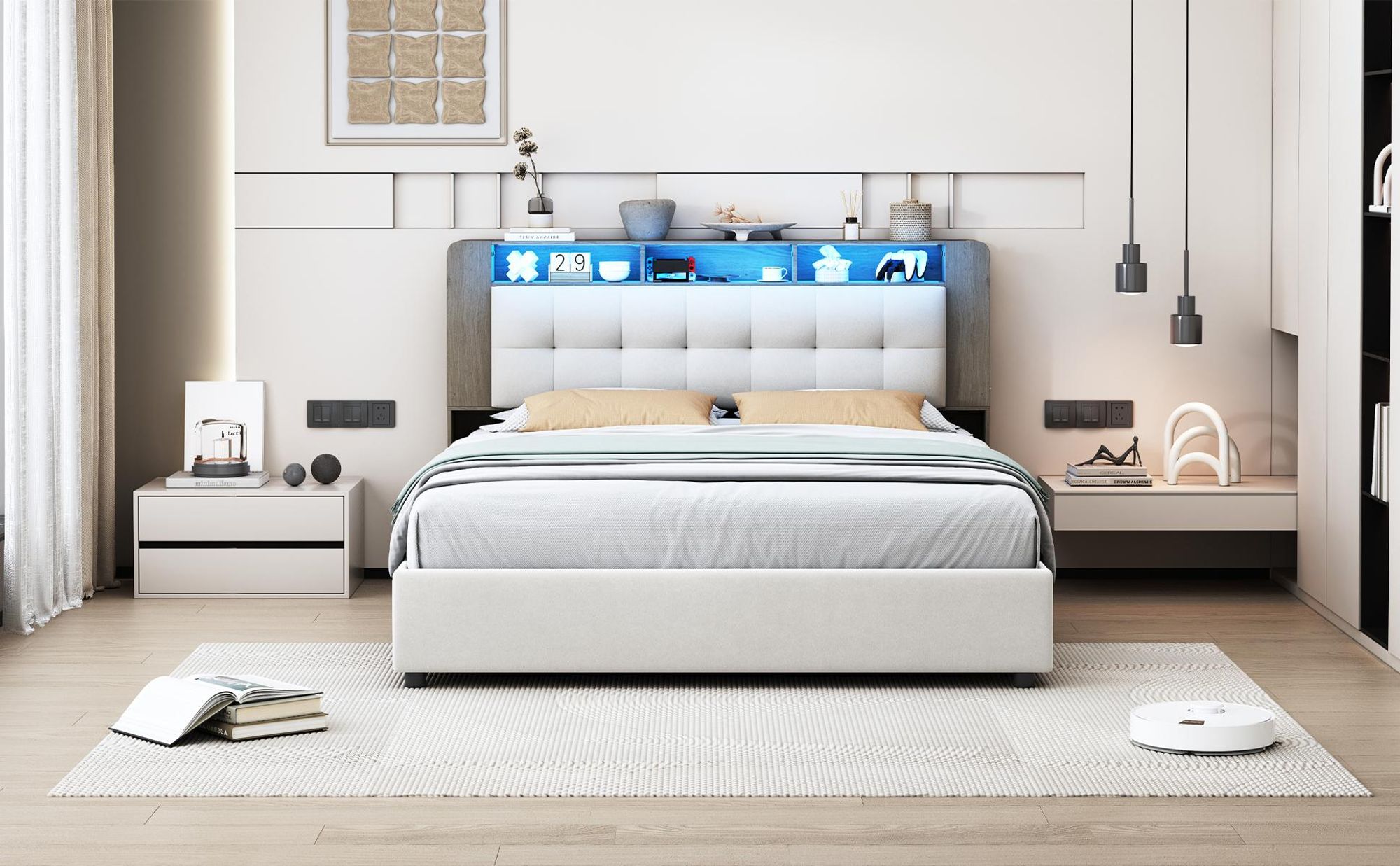 INONEFT Boxspringbett 140×200 mit LED und Kabelloses Laden,Polsterbett,Hydraulische Stauraumbett Jugendbett mit Lattenrost und Bettkasten, Samt,Beige.