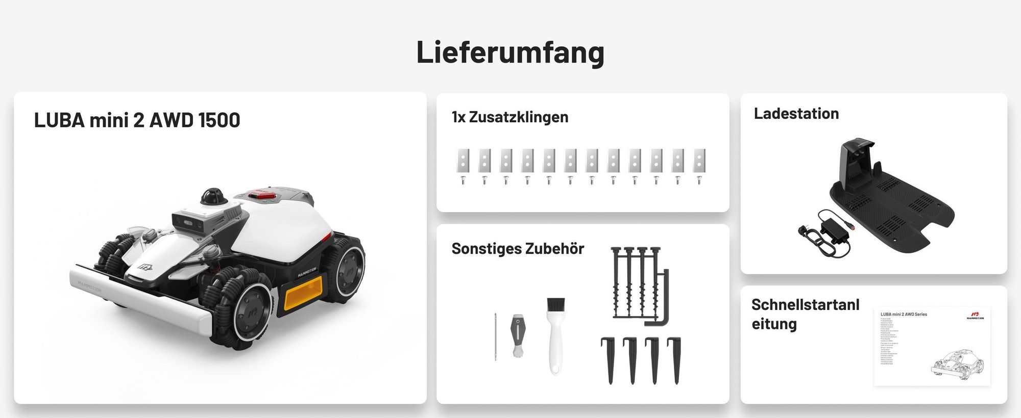 Mähroboter Mammotion LUBA Mini 2 AWD 1500, ohne Kabel, bis zu 1500m², Randmähen, DropMow, Allradantrieb, 80% Steigung, Auto-Kartierung, 4G Moudel, APP