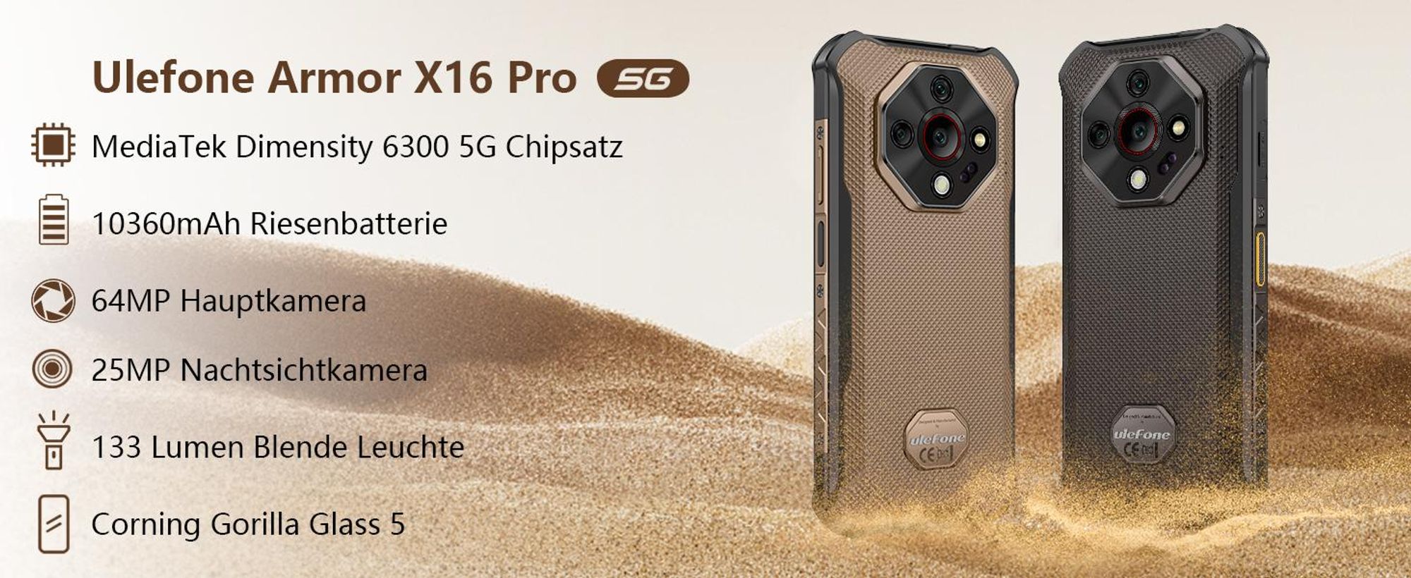 Ulefone Armor X16 Pro 5G Dimensity 6300 Outdoor Handy Android 15 6,56" Corning Glas Smartphone 10360mAh, 64MP+25MP Nachtsicht, 16GB+256GB/2TB, Schwarz