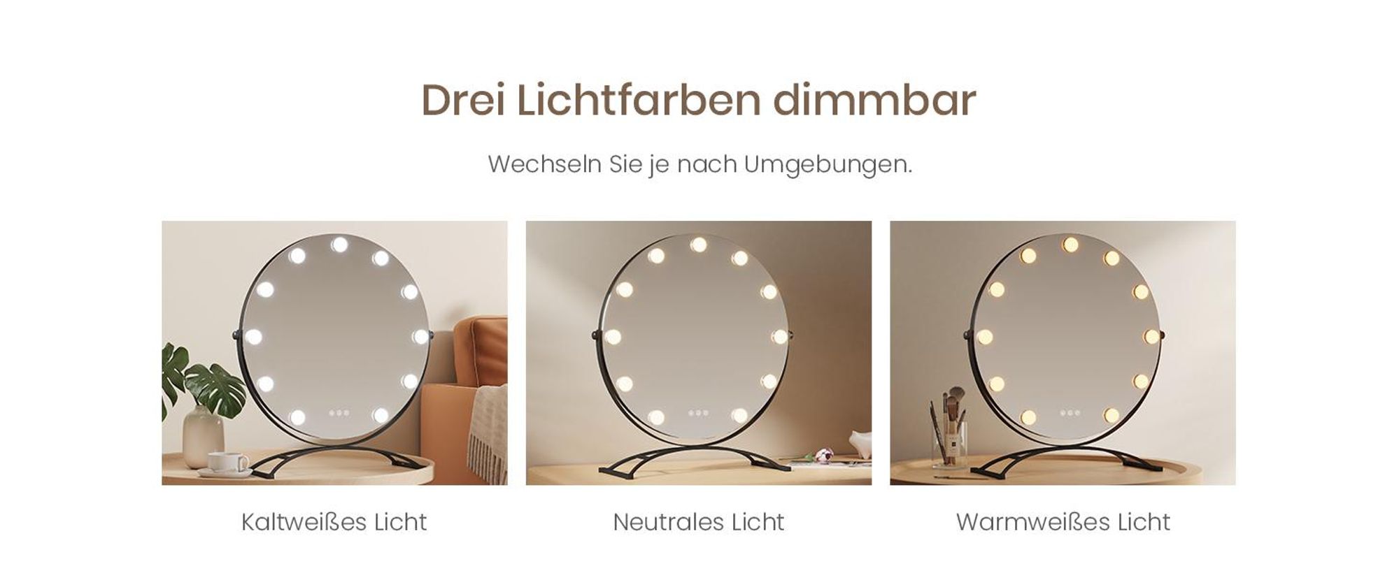 EMKE Kosmetikspiegel Hollywood 58X50cm Rund Schminkspiegel mit LED Beleuchtung und Vergrößerung 7x, 3 Lichtfarben Dimmbar, Schwarz