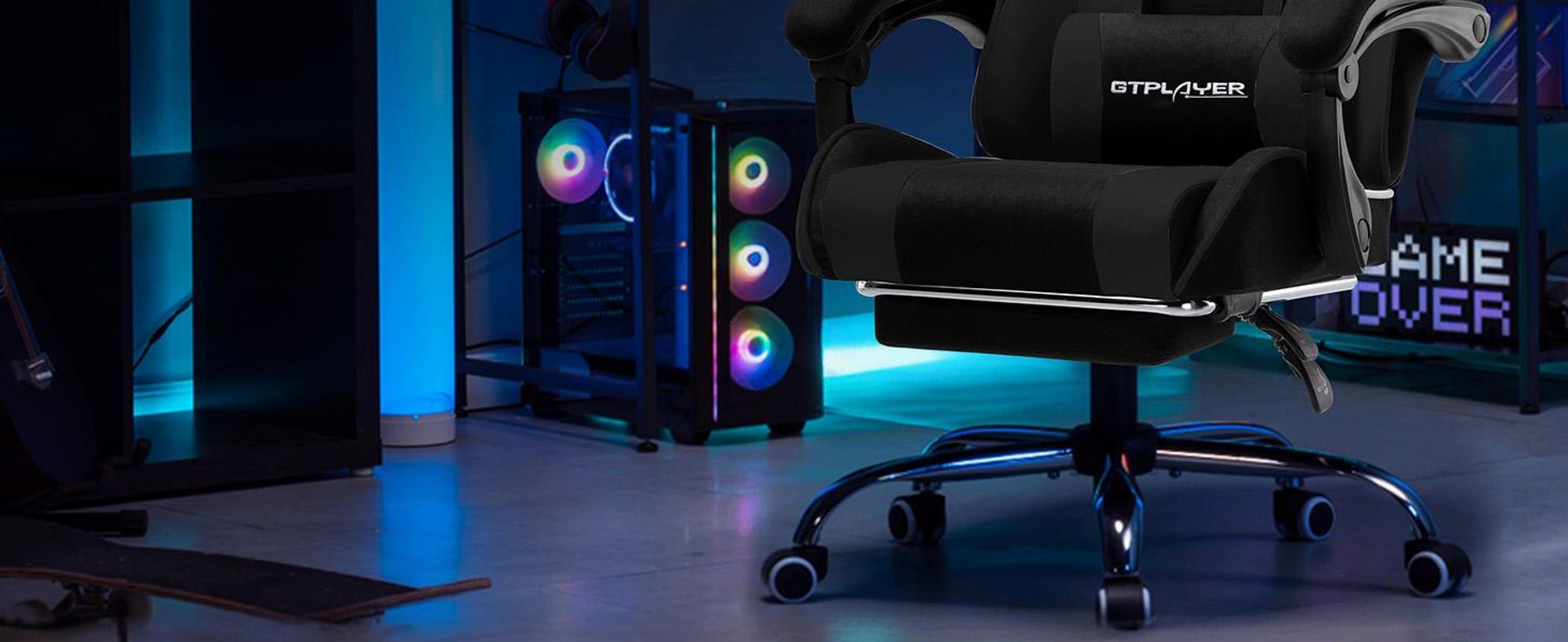 Sedia da gioco GTPLAYER, sedia da ufficio, sedia ergonomica per PC, poltrona da gioco con supporto lombare massaggiante, poggiapiedi e poggiatesta, tessuto nero