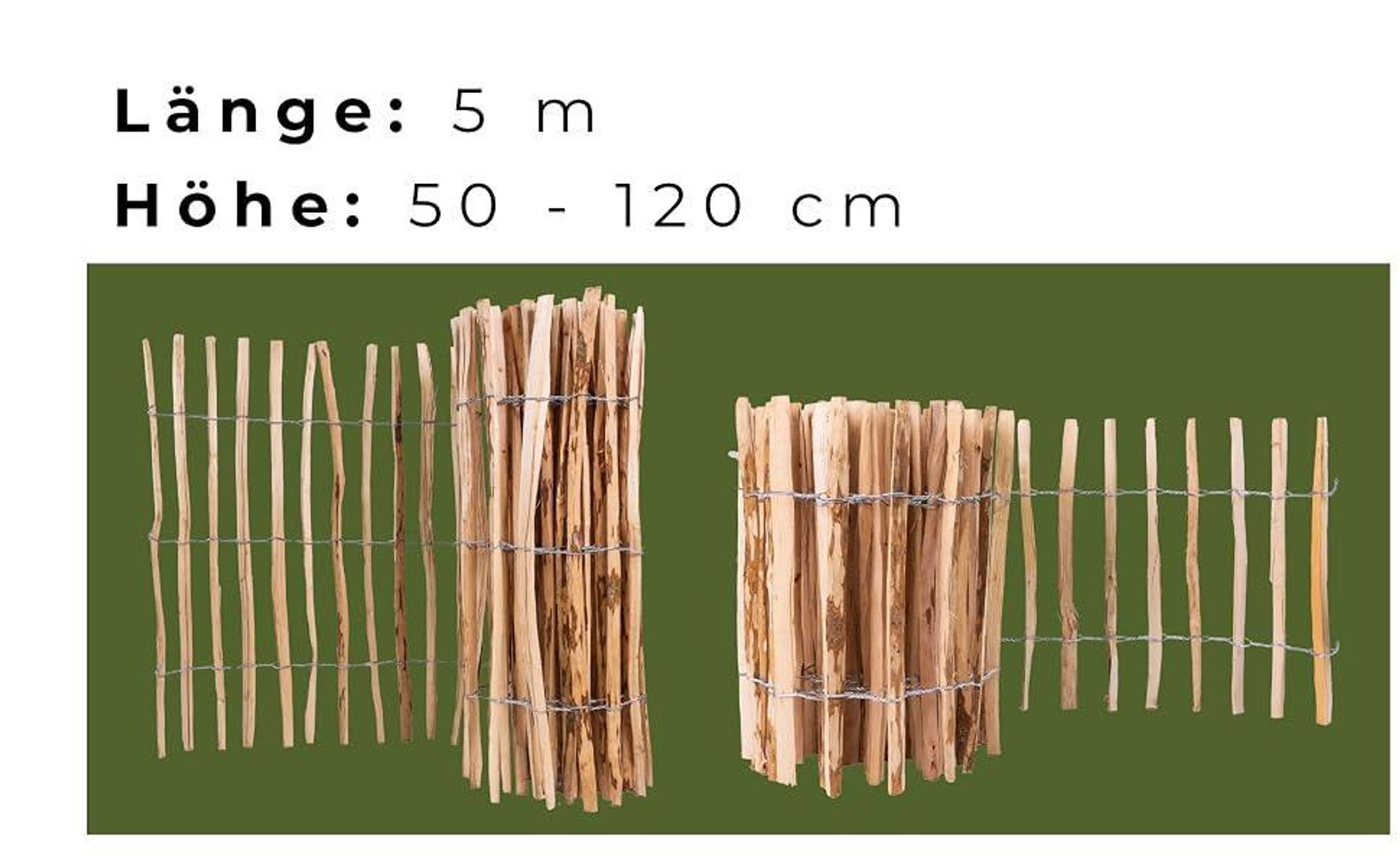 Ogrodzenia Wiklinowe Staketenzaun H:120 cm L:5m Lattenabstand 7-8 cm Gartenzaun Beetumrandung Haselnuss Holz Steckzaun Holzzaun Zaunelemente Rollzaun Rollboarder