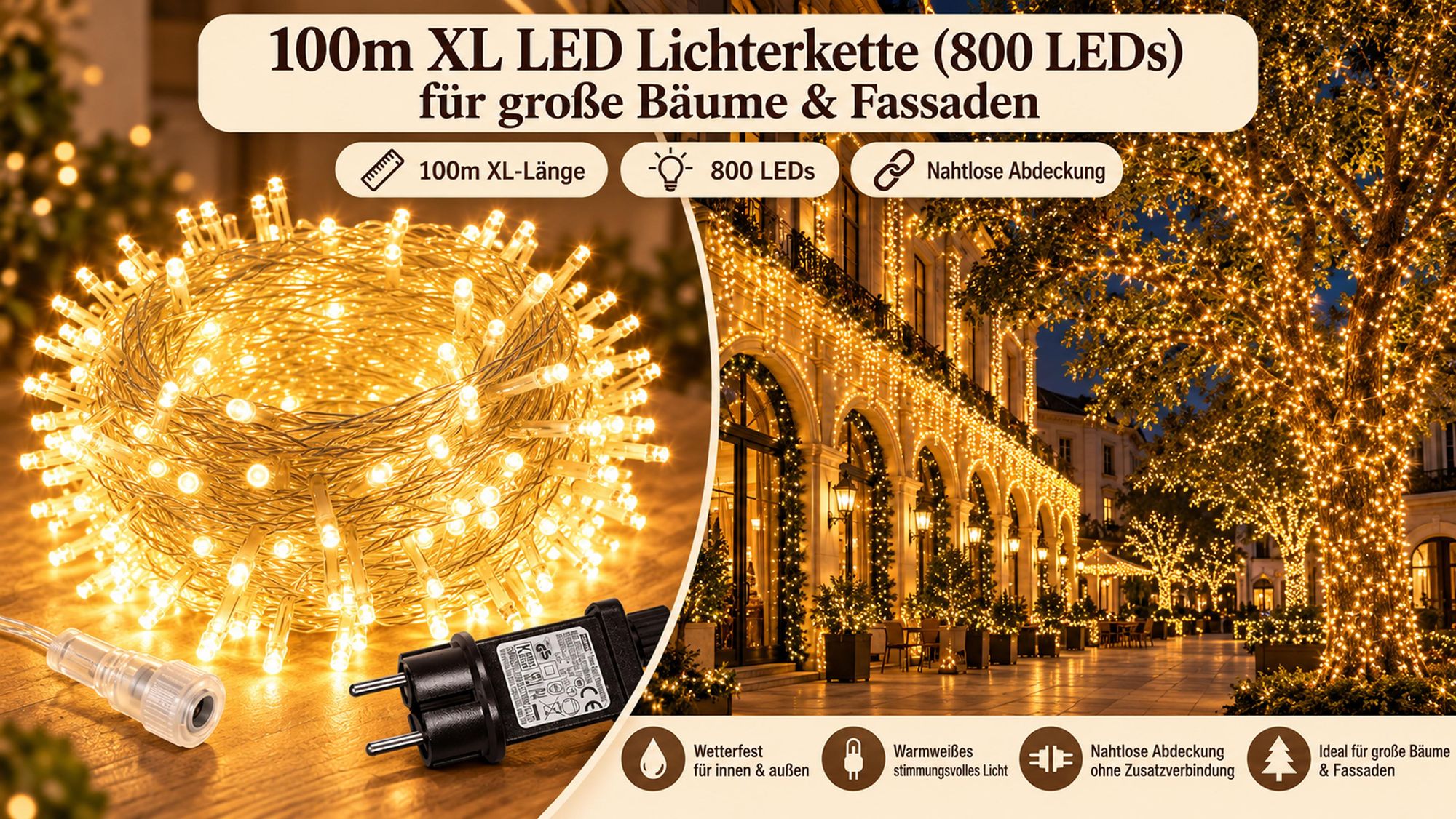 100M 800LEDs 8 Modi Lichterkette Strom, Timer, Merkfunktion, LED Weihnachten Lichterkette Party Deko Licht Weihnachtsbaum Garten Beleuchtung, Warmweiß