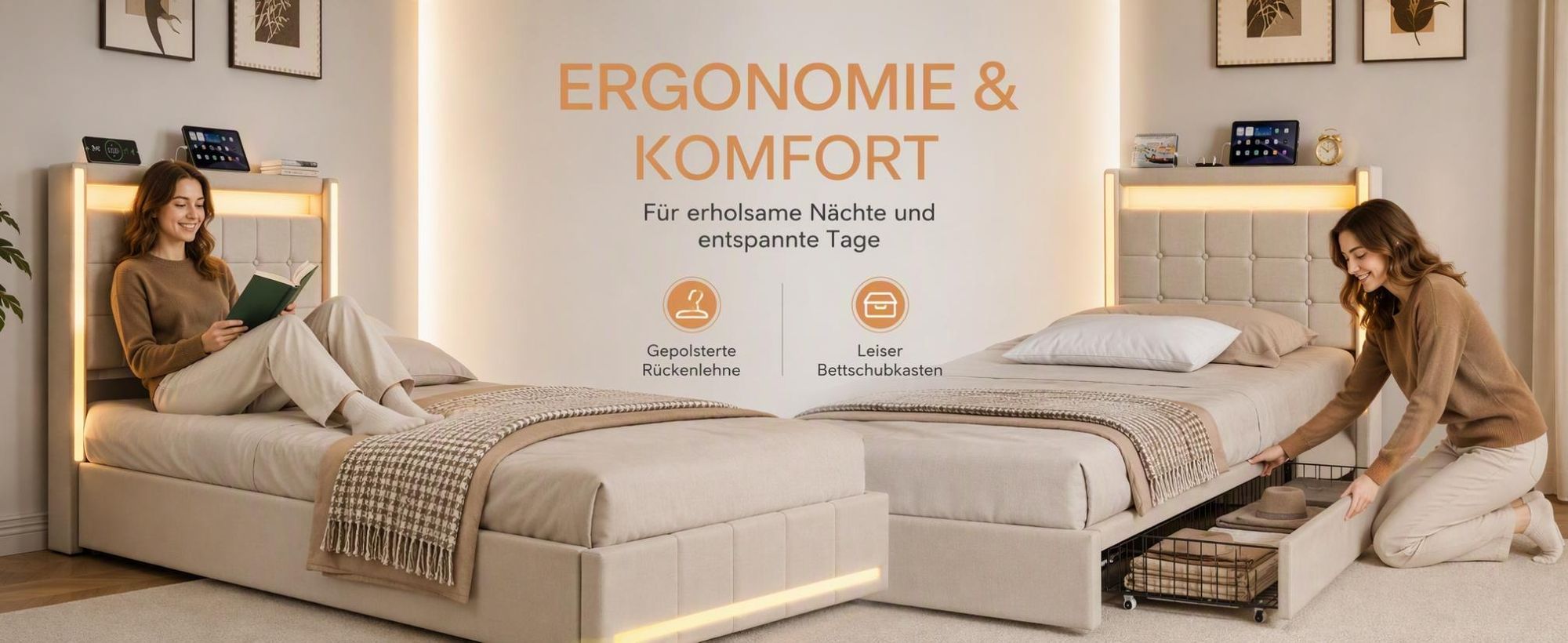 INONEFT Kinderbetten 90x200 mit 2 Schubladen, LED & USB-C – Jugendbett,Polsterbett Einzelbett mit Lattenrost,Funktionsbett Bettgestell,Leinen, Beige