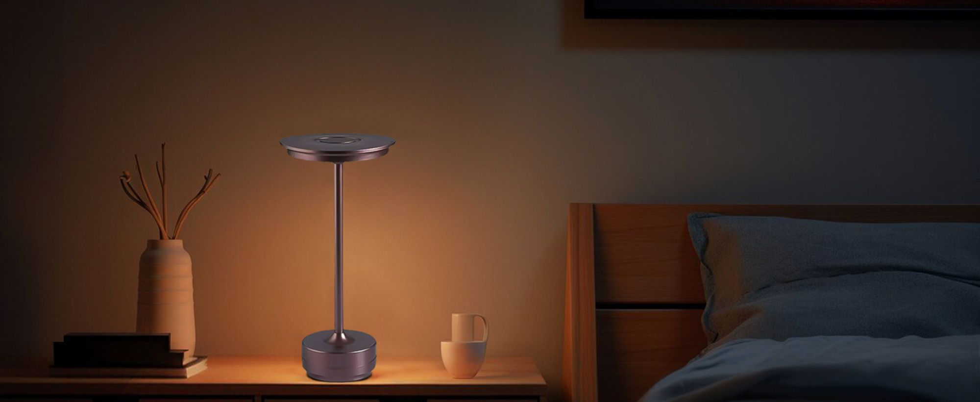 Kabellose Dimmbare LED Akku Tischleuchte Touch Tischlampe Lampe Wohnzimmer Nachttischlampen Dreifarbiges Licht braun