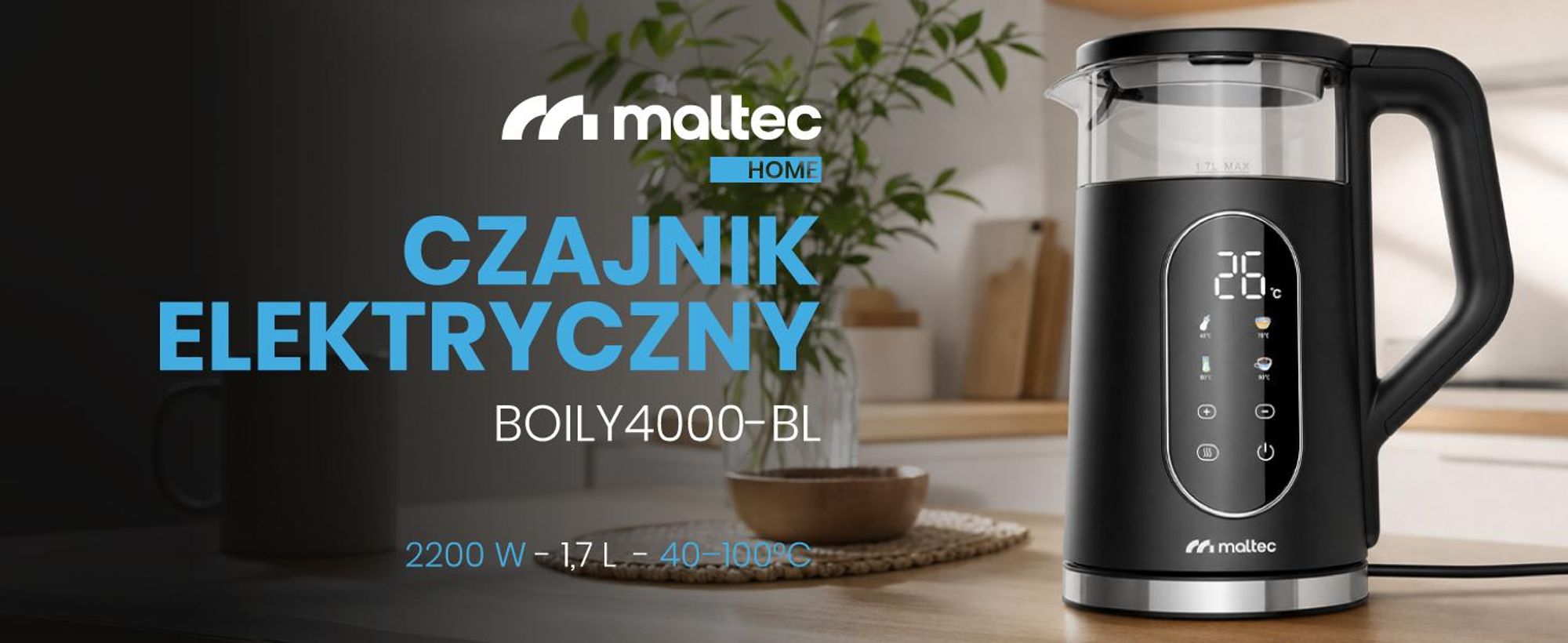 Czarny czajnik elektryczny o pojemności 1700 ml z regulacją temperatury 40-100 stopni mocy 2200W