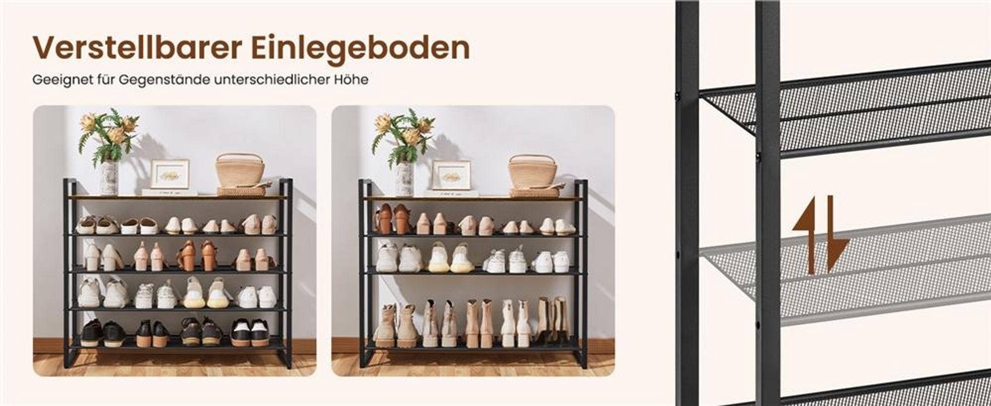 Yaheetech Schuhregal mit 10 Fächern, 166 cm H, für 50 Paar Schuhe, 2-in-1 Schuhablage aus Metall, Industriell, Rustikal-Braun