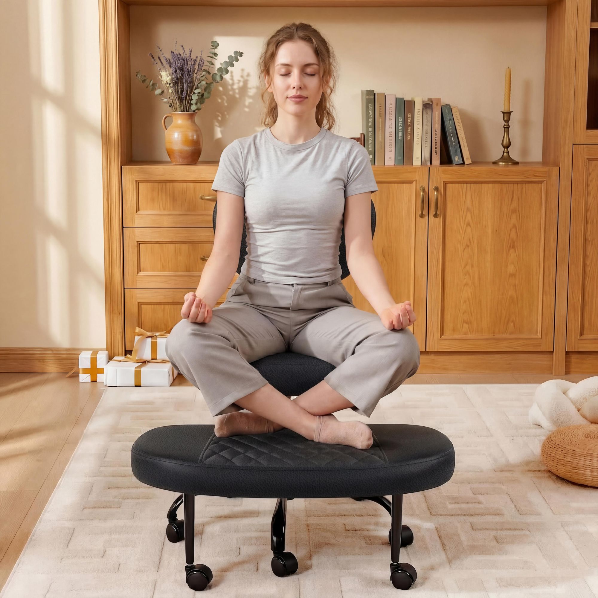 OYAJIA  Polsterstuhl  Kreuzbein-Bürostuhl mit Rollen, Meditations- und ADHS-Schreibtischstuhl für Erwachsene, höhenverstellbar, Yoga und Kniestuhl