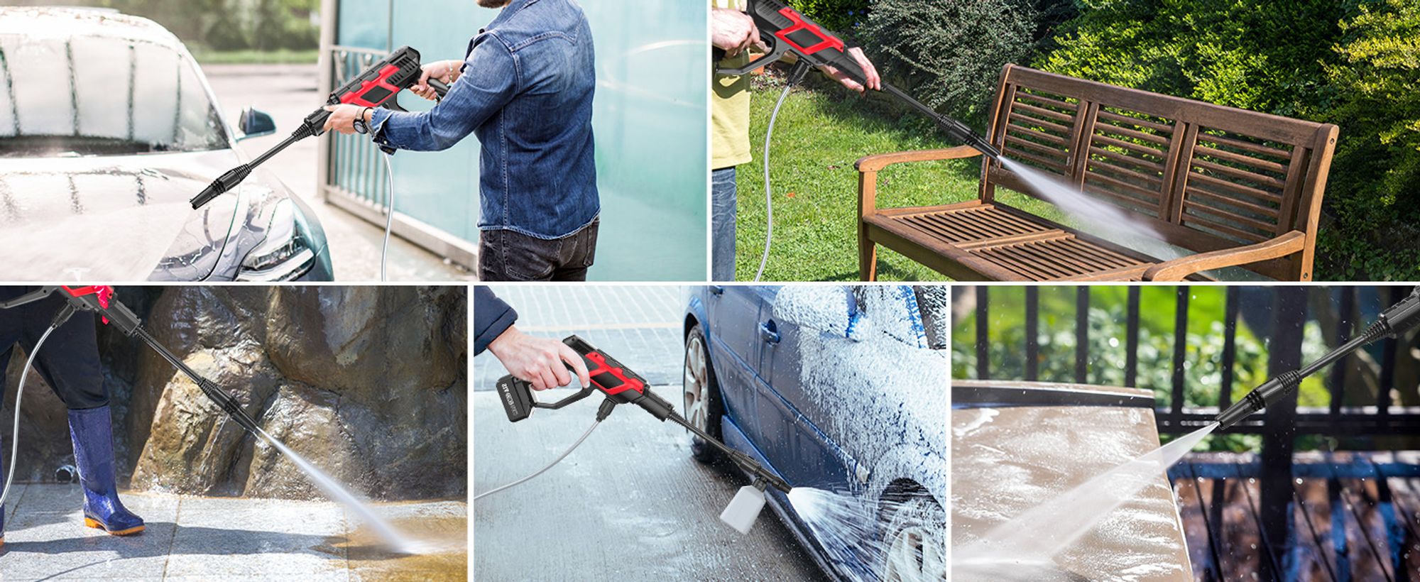 Akku Hochdruckreiniger, Pro Max Pumpenkörper,120BAR Starker Wasserdruck mit Verlängerungsstange,6-in-1 Düse, 0-180°Düse,KFZ-Reiniger mit 2x 4,0Ah Akku