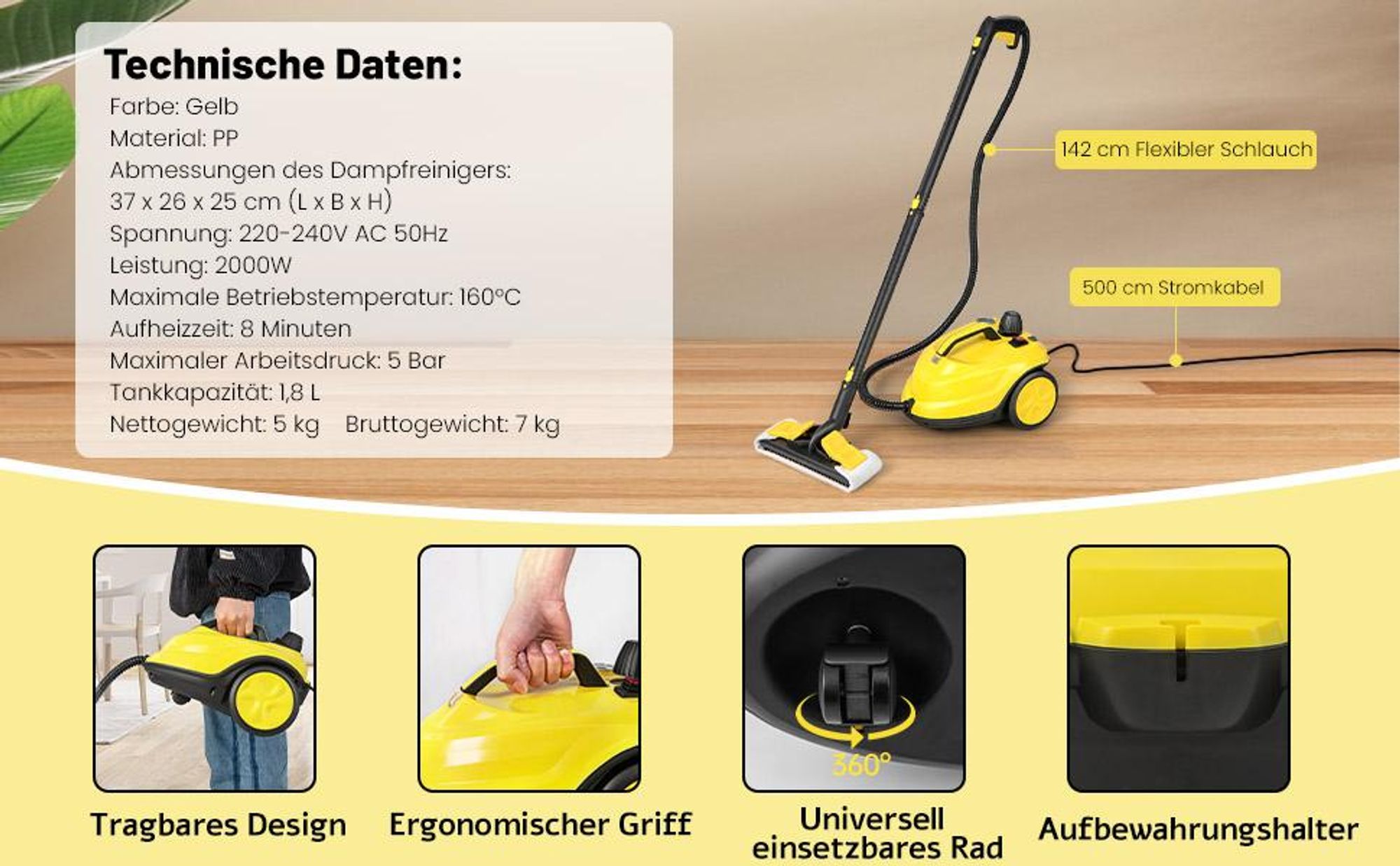 COSTWAY Dampfreiniger 2000W für 108 m², 5 bar Dampfdruck, Temperatur bis 160℃, 1,8L Tank, 8 Min. Aufheizzeit, Dampfgeräte mit 13 Zubehör & Netzkabel